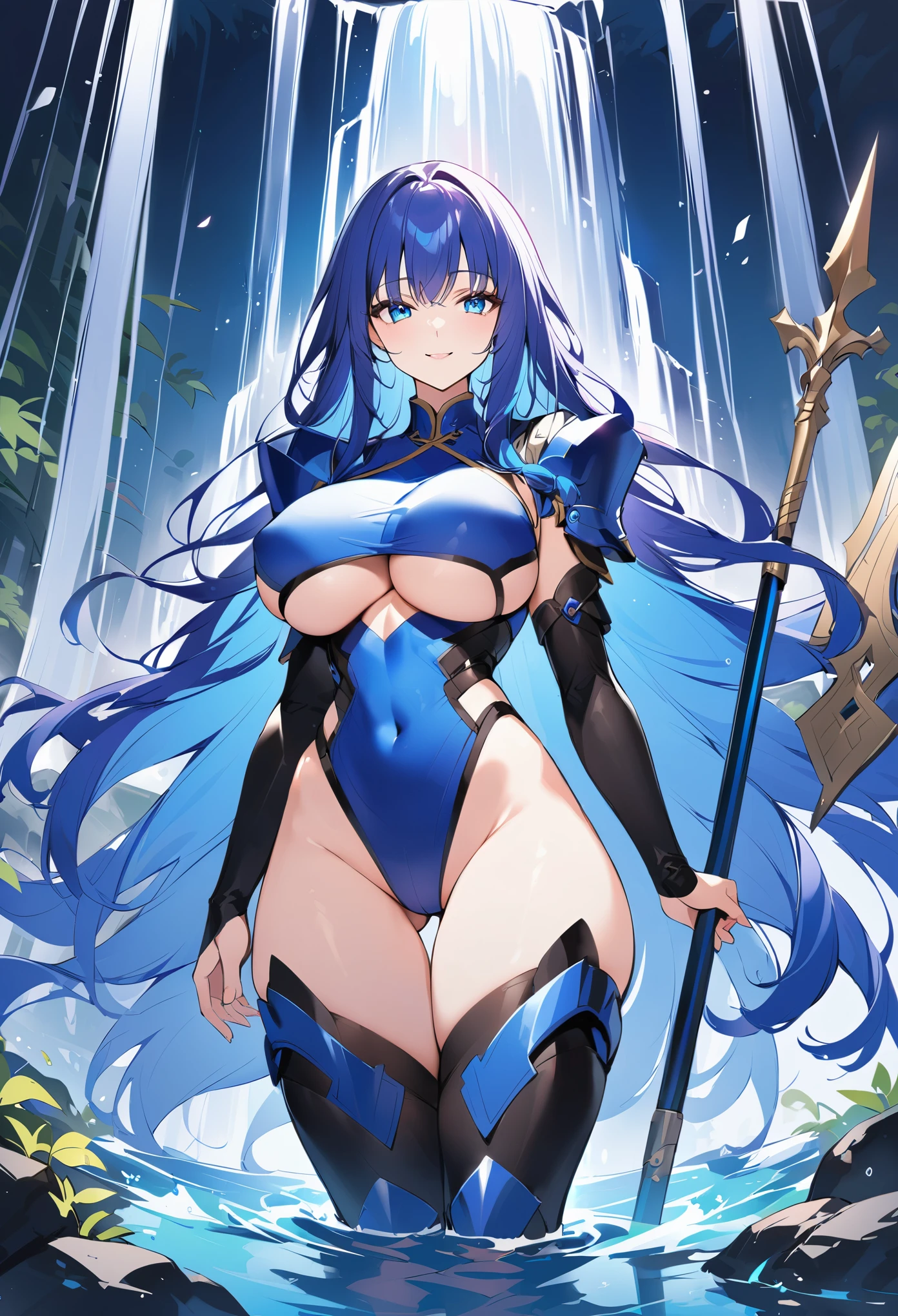 high quality、high resolution、big breasts、deep blue hair、(((one Braided long hair)))、blue eyes、((Underboob))、(Chinese style metal armor)、beautiful blue eyes in the waterfall water、kind、smile、((high leg armor)),long spear equipment、