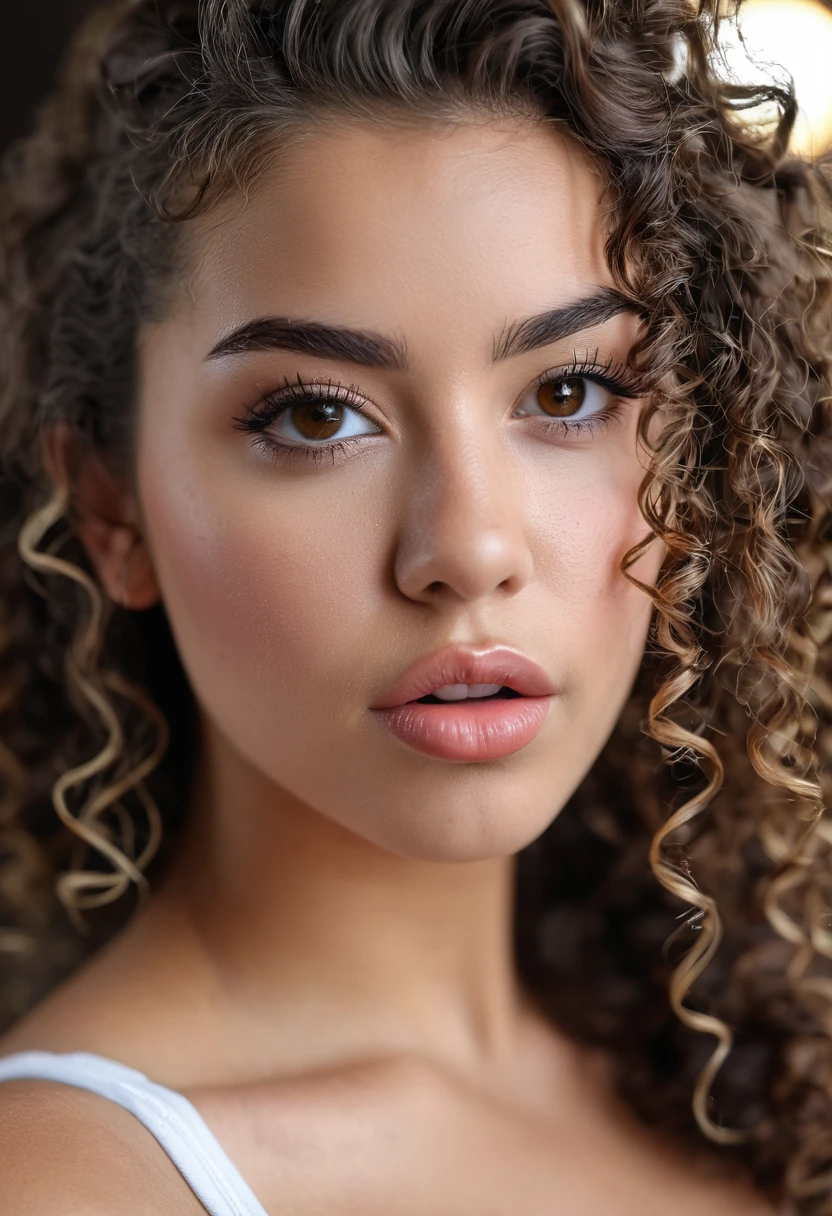 photo brute et franche du corps entier d'une belle jeune de 20 ans, big lips, yeux verts, tout le corps, pommettes saillantes, mischievous, Métis noir et mexicain, gros seins, long, curly brown hair, texture de peau réaliste, very tall gros seins, athletic, peau imparfaite, shot with Sony Alpha A6500 1.4f, Bokeh, Very detailed, chef-d'artwork,
,athletic et tonique, face vers l'avant, se tenir droit, hyper realistic