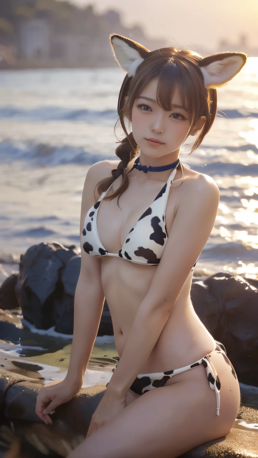 masterpiece, 4k, Bokeh, (Japanese idol:1.6), (Light brown soft hair:1.4), (Fox ears:1.1) , (fox tail:1.3), Light brown eyes, (Cow pattern bikini :1.4), Blushed face, looking at the viewer, sitting, (Many Foxes come)
(sunset seashore :1.4), (close up)