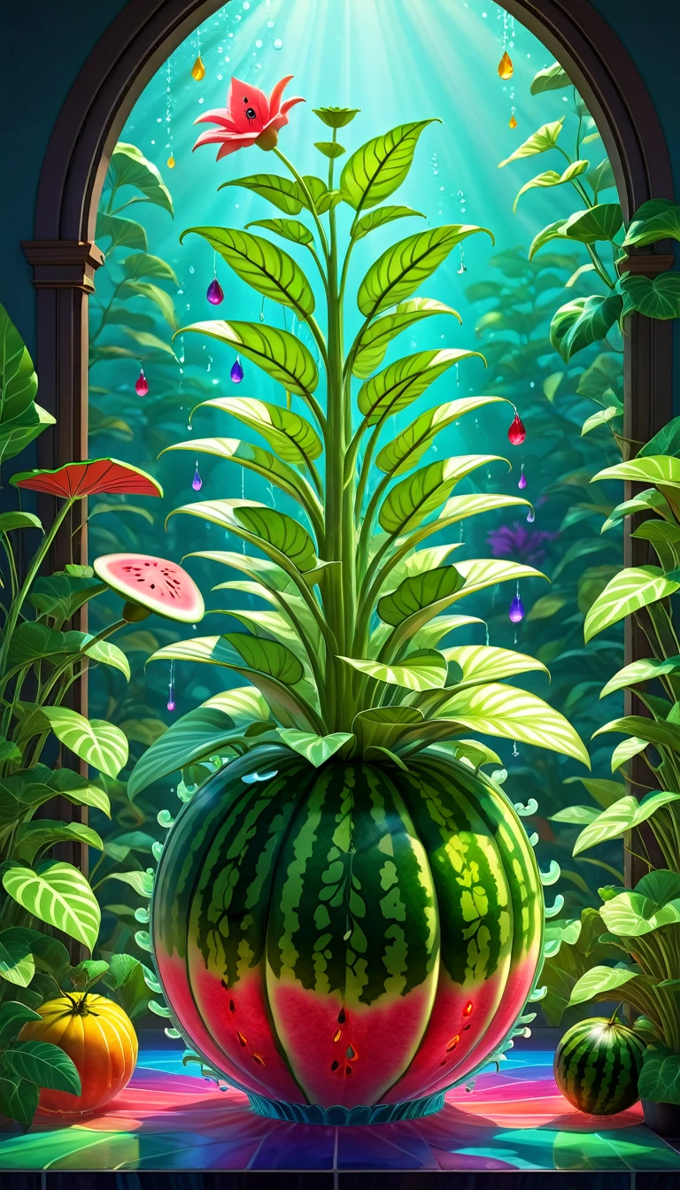 Stained glass style，(a magical plant，Colorful rainbow watermelon)，Leaves covered with nectar, Plants covered in liquid, Cute 3d rendering, Rendering in Cinema 4D Octane, Blender Art, cinema 4d color rendering, 非常detailed幸福照片, rendered in cinema4d, Color octane rendering, Energetic, fair, translucent, complex, detailed