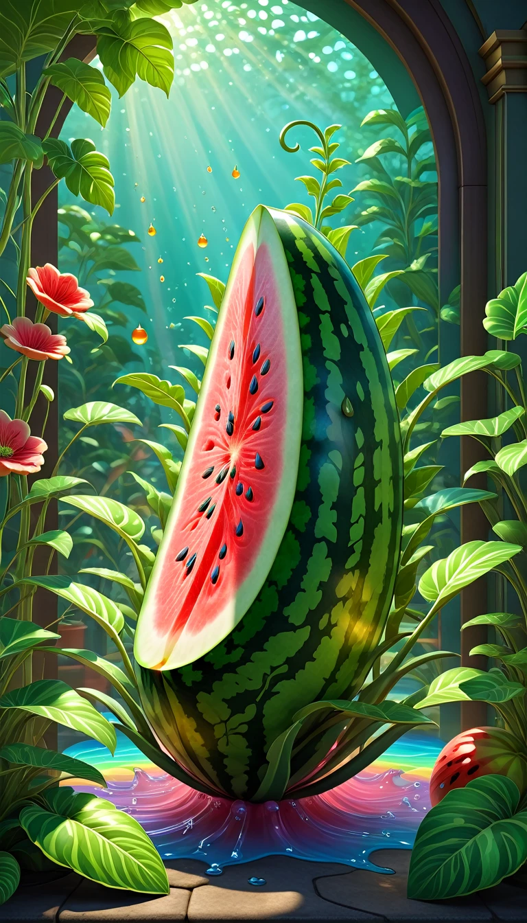 Stained glass style,(a magical plant,Colorful rainbow watermelon),Leaves covered with nectar, Plants covered in liquid, Cute 3d rendering, Rendering in Cinema 4D Octane, Blender Art, cinema 4d color rendering, 非常detailed幸福照片, rendered in cinema4d, Color octane rendering, Energetic, fair, translucent, complex, detailed