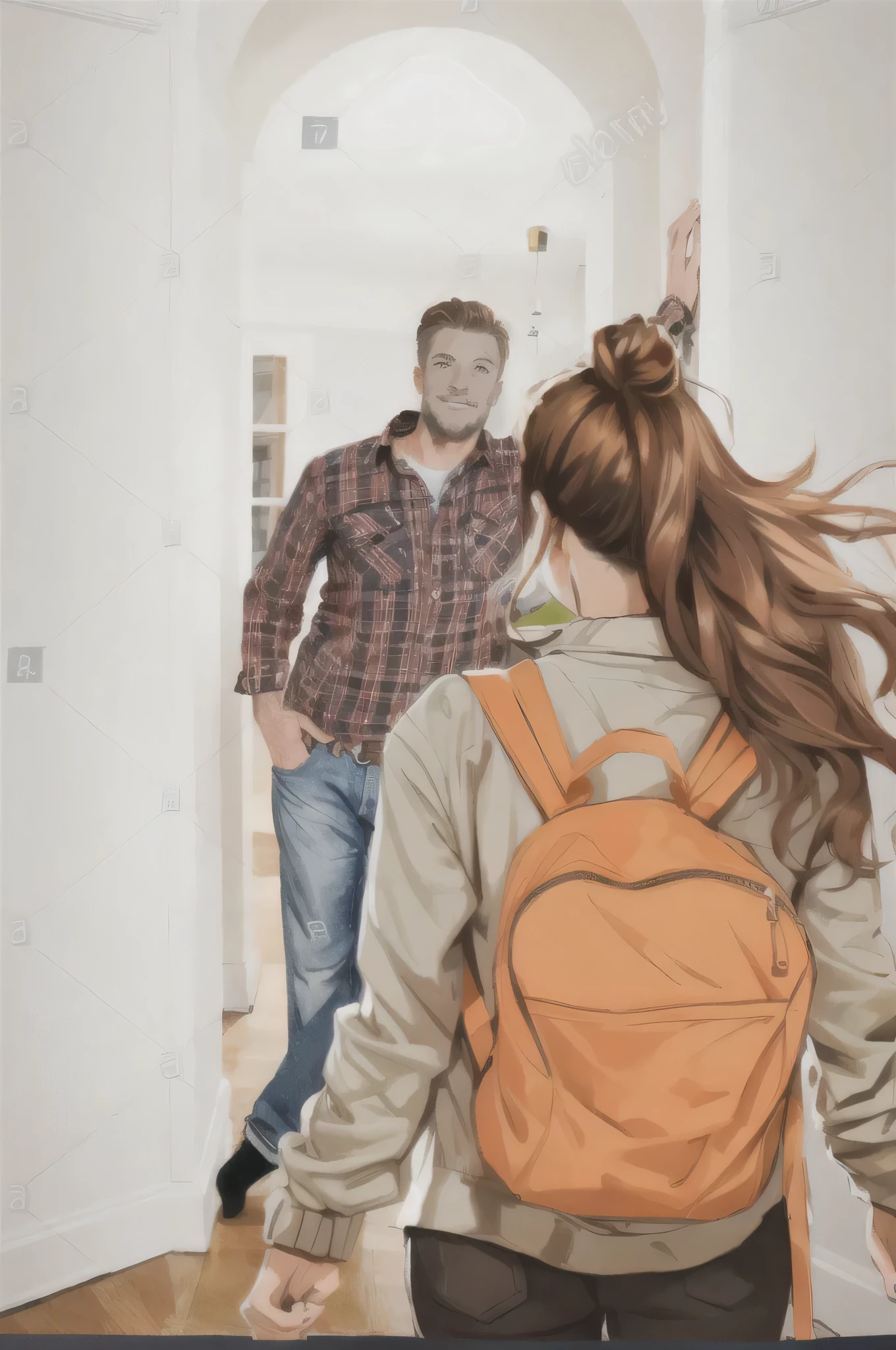A man opening the door and welcoming a returning woman, woman carrying a backpack, professional illustration, commercial illustration, professional illustration, realistic , hyperrealistic , realistic picture, realistic art, hyperrealism , realistic cute girl illustration, photorealistic picture, magazine illustration, the man has a backpack, Charlie Bowater(Charlie Bowater)and Artgem(Artgeem)