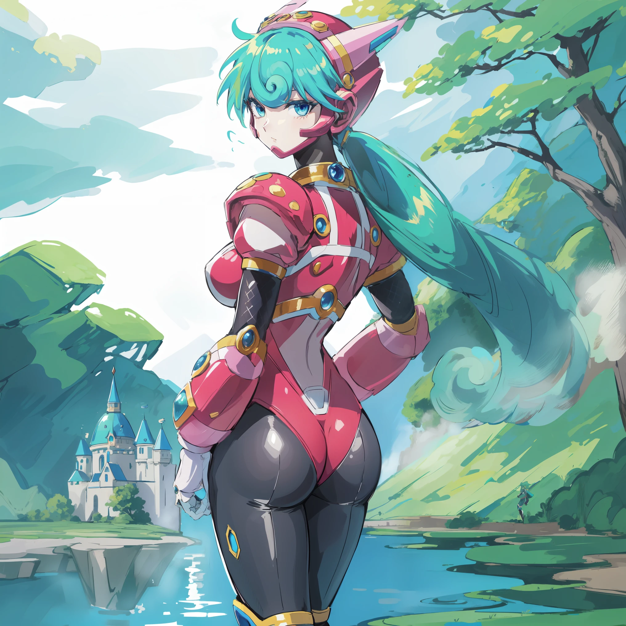marino_megamanx, 1girl, green hair, blue eyes, ponytail, detailed face, breasts, high quality, masterpiece, standing next to a swamp and castle surrounded by mist, outdoors, tree, solo, from behind, bird, facing away, scenery