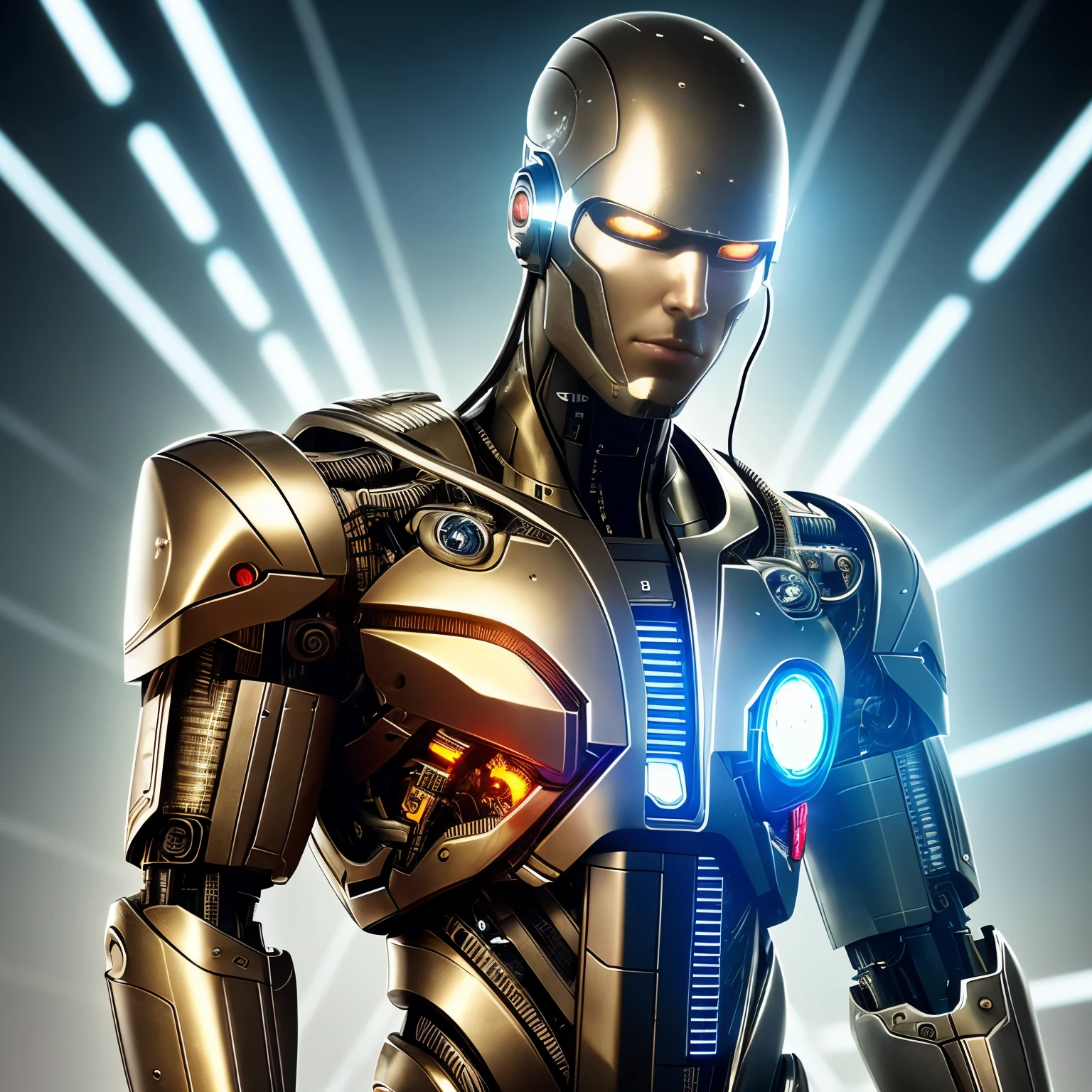 A captivating image of a Cyborg Man, (cyborg:1.5), (metallic texture:1.3), (intricately designed circuits:1.2), HDR, Fast-paced, Suspenseful, Action-packed, Dramatic, Close-up,
The Cyborg Man, a remarkable blend of human and machine, exudes an aura of strength and mystery. His metallic exterior, shimmering with a unique sheen, contrasts sharply with his human-like features. The intricately designed circuits, visible beneath his skin, weave a complex web of technology.
His deep-set eyes, glowing with an otherworld