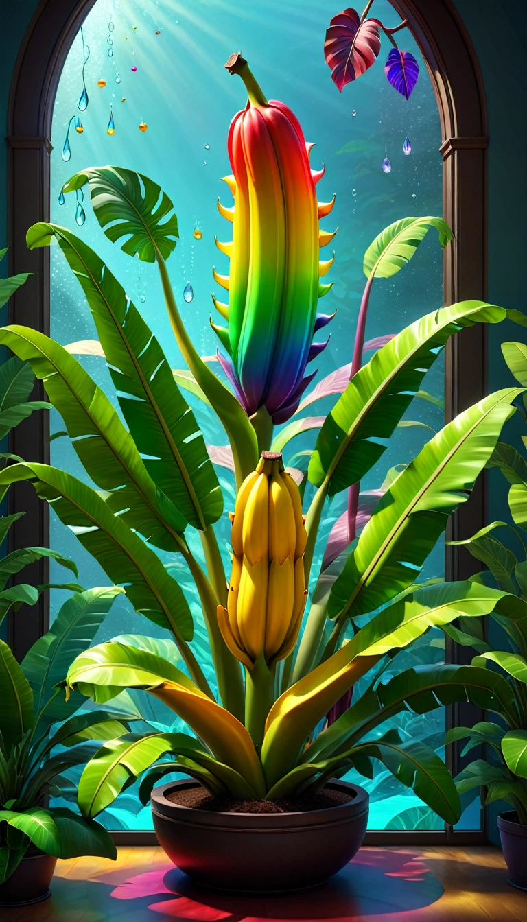 Stained glass style,(a magical plant,Colorful rainbow banana),Leaves covered with nectar, Plants covered in liquid, Cute 3d rendering, Rendering in Cinema 4D Octane, Blender Art, cinema 4d color rendering, 非常detailed幸福照片, rendered in cinema4d, Color octane rendering, Energetic, fair, translucent, complex, detailed