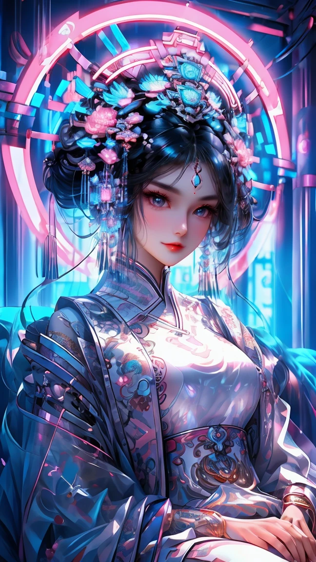 1 girl, chinese_clothes, in white and pink, cyberhanfu, Cheongsam, cyberpunk city, dynamic pose, Headdress, hair ornament, long hair, cyberpunk, a high-tech city, full of machinery and futuristic element, futurism, technology, aqua hair, divine goddess, huge breasts, queen, lace, lace trim, pearl necklace, gold, jewelry, tiara, neon, diamonds, looking at viewer, epic, grand curtains, indoors, sitting on sofa