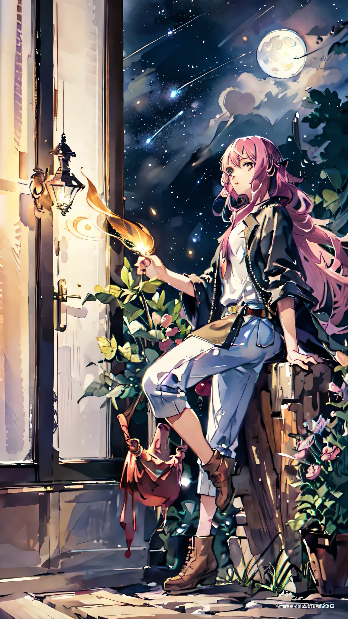 expansive landscape photograph , (a view from below that shows sky above and open field below), a girl standing on flower field looking up, (full moon:1.2), ( shooting stars:0.9), (nebula:1.3), distant mountain, tree BREAK
production art, (warm light source:1.2), (Firefly:1.2), lamp, lots of purple, red and pink, intricate details, volumetric lighting, realism BREAK
(masterpiece:1.2), (best quality), 4k, ultra-detailed, (dynamic composition:1.4), highly detailed, colorful details,( iridescent colors:1.2), (glowing lighting, atmospheric lighting), dreamy, magical, (solo:1.2)