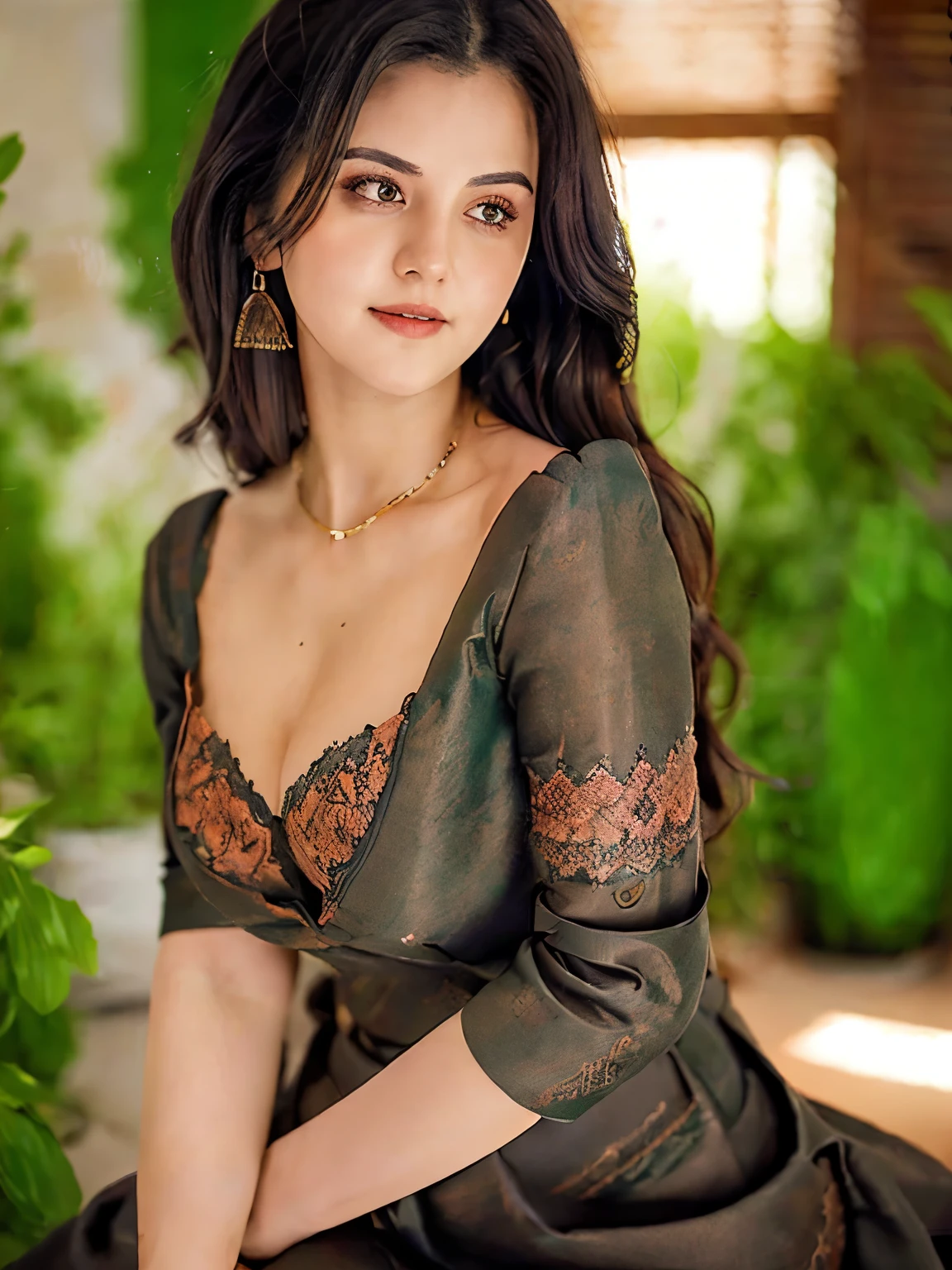 masterpiece, Best Quality, Illustration, Ultra-detailed, finely detail, hight resolution, 8K Wallpaper, Perfect dynamic composition, Beautiful detailed eyes, full face, Natural Lip, Dark orange knitted dress , Big breasts, cleavage, Cross legs