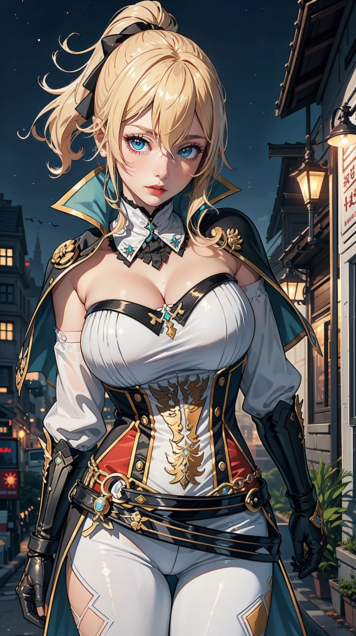Masterpiece, ultra detail, high quality, 8k cg, jeanfavonian, blush, bright eyes, detail face, dynamic poses,night city view background, looking at viewer, huge breast, super detailed, red lip, make up,