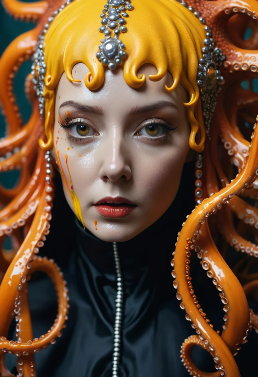 8K, ARTISTIC photogrAphy, best quAlity, mAsterpiece: 1.2), A (potrAit:1.2) witch BLOOD Toon Doll Cthulhu nun QUEEN, ORANGE many octopus style tentacles, full body RAW candid cinema, yellow hair, 16mm, color graded portra 400 film, remarkable color, ultra realistic, sad admosphere, dark lighting, oppressive atmosphere, depressive colors, kodak portra 400, photograph,r, Natural Light, Pinhead lighgts, blur reflection, Brush Strokes, Smooth, abstract, Splatter, Oil On Canvas, rainbow colors, fractal isometrics details bioluminescens : a stunning realistic photograph of wet bone structure, 3d render, octane render, intricately detailed, titanium decorative headdress, cinematic, trending on artstation | Isometric | Centered