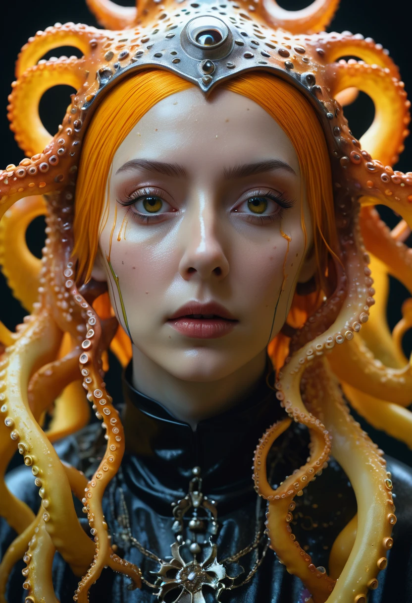 8K, ARTISTIC photogrAphy, best quAlity, mAsterpiece: 1.2), A (potrAit:1.2) witch BLOOD Toon Doll Cthulhu nun QUEEN, ORANGE many octopus style tentacles, full body RAW candid cinema, yellow hair, 16mm, color graded portra 400 film, remarkable color, ultra realistic, sad admosphere, dark lighting, oppressive atmosphere, depressive colors, kodak portra 400, photograph,r, Natural Light, Pinhead lighgts, blur reflection, Brush Strokes, Smooth, abstract, Splatter, Oil On Canvas, rainbow colors, fractal isometrics details bioluminescens : a stunning realistic photograph of wet bone structure, 3d render, octane render, intricately detailed, titanium decorative headdress, cinematic, trending on artstation | Isometric | Centered