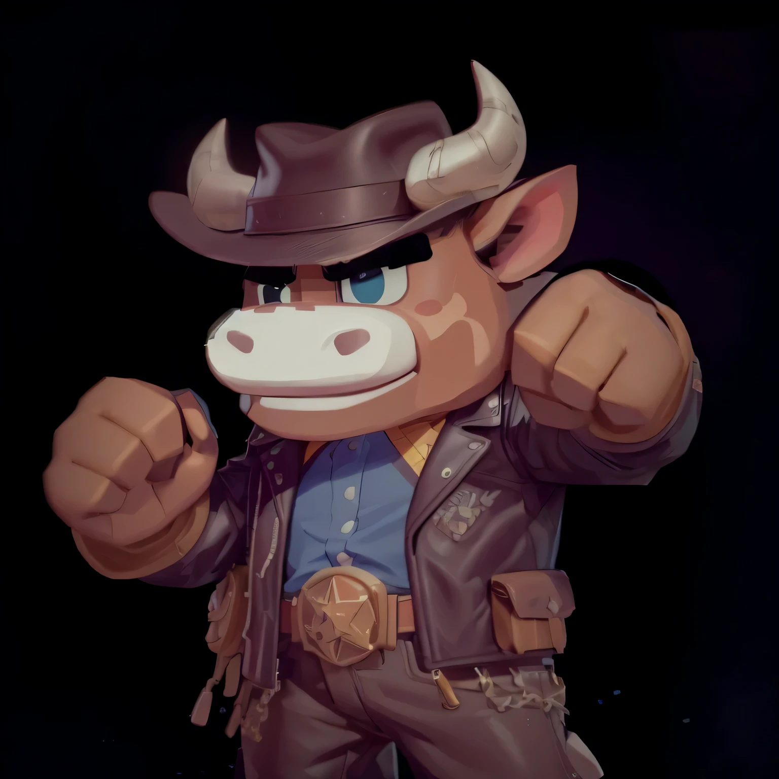 there is a cartoon cow with a cowboy hat and a leather jacket, Cartoon shading pbr, pbr render, Stylized pbr, Stylized cyberpunk minotaur logo, 3D Rendered Official Art, Ink art brawlstars, beefy, 3D rendering style, Stylized as 3D rendering, cowboy, Official Character Art, high detail iconic character, Mascot illustration