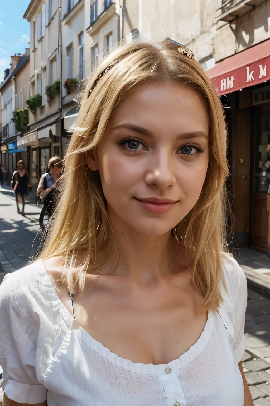 Frau, blond, deutsch, 20 Jahre, blasse Haut und Sommersprossen, graue Augen, zarte Nase, weiche und zarte Lippen, sweet smile, Face with delicate feminine features, hoch gerendert, front view, lolita, with coffe and walking in a beautiful street in Paris, sunshine blue sky