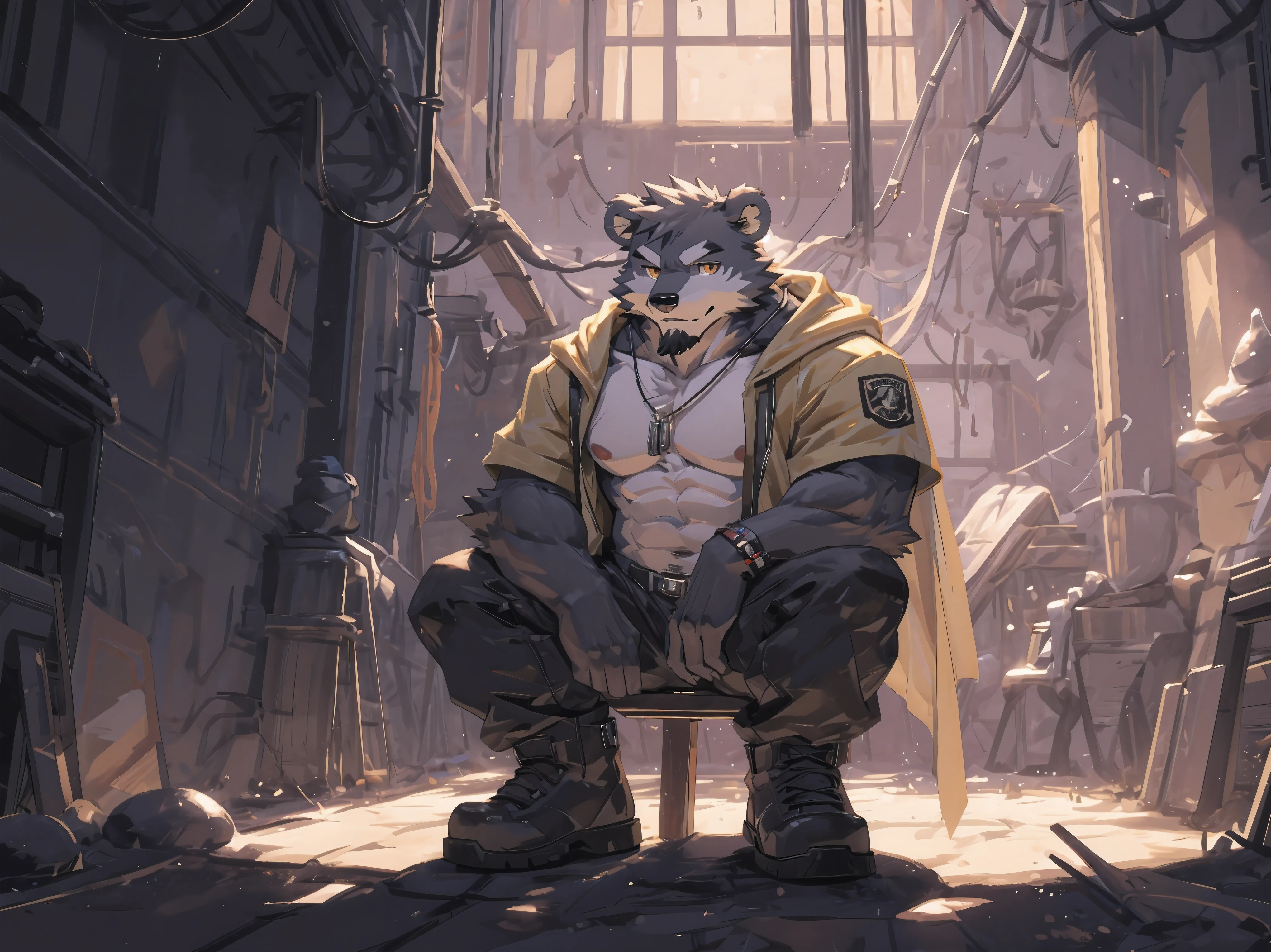 (masterpiece:1.2), best quality,pixiv,official art,perfect anatomy, (Ray tracing, light),solo, (1_male:1.3) , (muscle), (gray fur:1.4), (muscle bear), (beard:1.2), (gleaming golden eyes), Thick black eyebrows, open hoodie, (naked inside:1.2), cargo pants, (boots:1.2), portrait, sitting alone