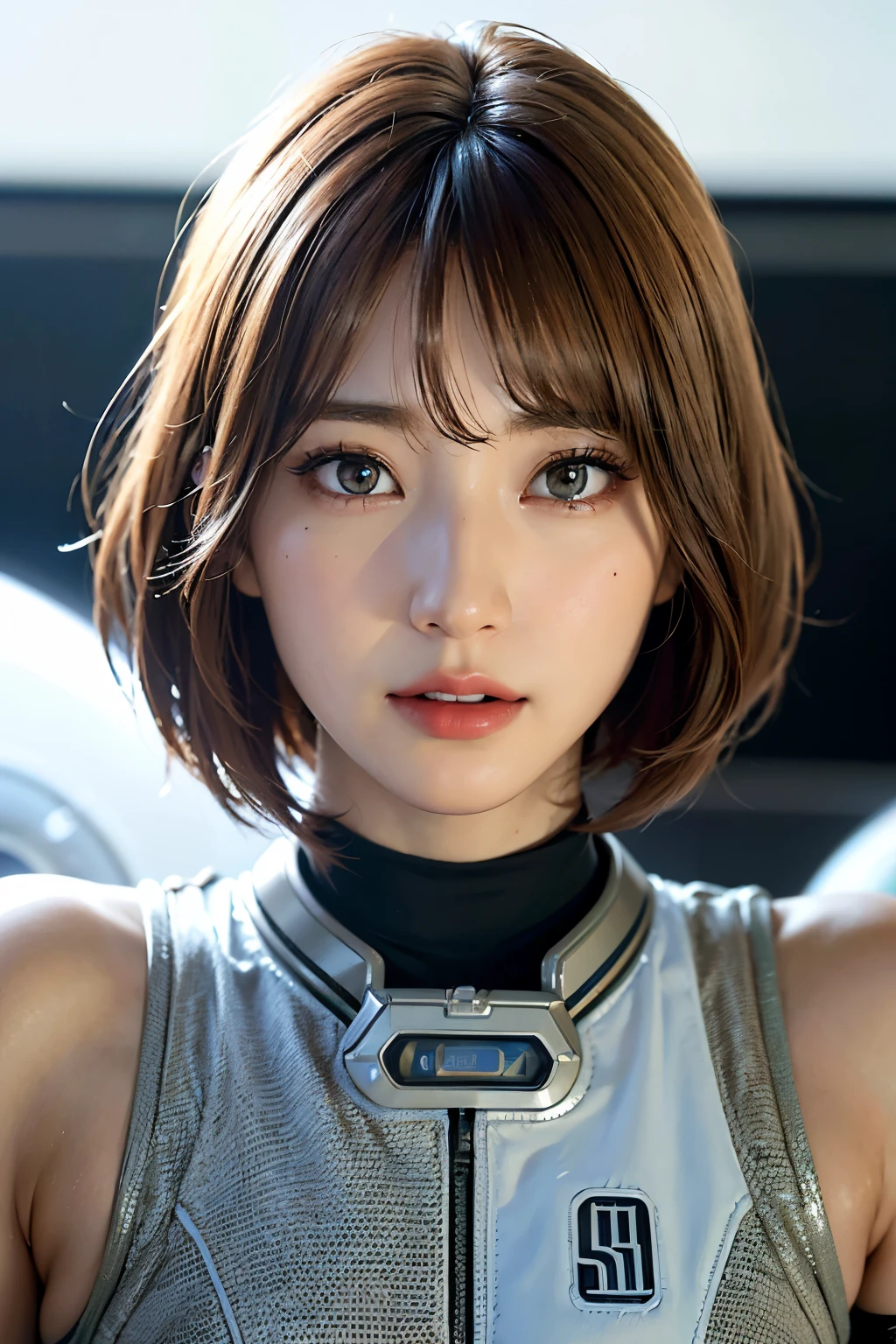 Ultra-high resolution、(Real:1.4)、One beautiful woman、cyborg、Beautifully detailed eyes and skin、Light brown short hair、Full space suit、Space Station、Spaceship、Remains、Cloudy、Sci-Fi Taste、Movie quality、