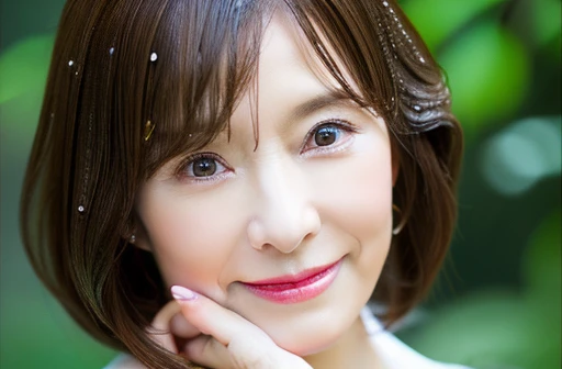 myself　woman　50 years old　Brown bob hair　Brown Hair　Beautiful straight hair　 Shiny Hair　Japan　(It rained and I got wet, Raindrops, Wet body :1.2)　It&#39;s raining outside ( sharp ), (Facing the children_v1:0.7), (8k, highest quality), Unconscious, Please open your eyes, Big perfect hands, Detailed fingers, wedding ring, High resolution, original, (Flat Color:0.9),(colorful:1.1),(masterpiece:1,2), highest quality, masterpiece, High resolution, original, Highly detailed wallpaper, Audience&#39;Perspective, alone, Portraiture, mature woman body set, smile, When I look at this, Rain Background,Natural wrinkles, Wrinkles around the eyes, Surreal, Natural Skin, Natural Hair Color, Bright red lips