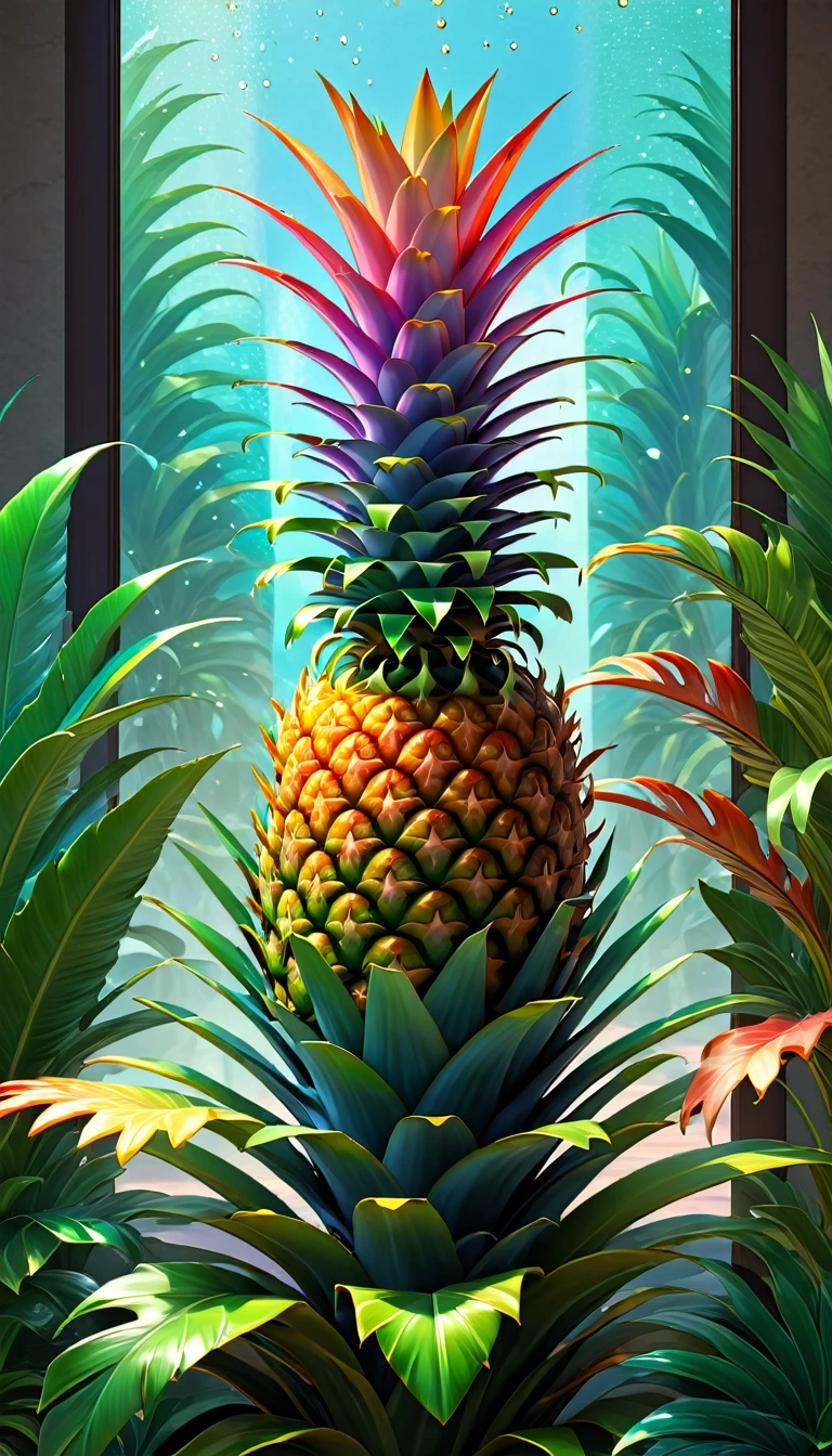 Stained glass style,(a magical plant,Colorful rainbow pineapple),Leaves covered with nectar, Plants covered in liquid, Cute 3d rendering, Rendering in Cinema 4D Octane, Blender Art, cinema 4d color rendering, 非常detailed幸福照片, rendered in cinema4d, Color octane rendering, Energetic, fair, translucent, complex, detailed