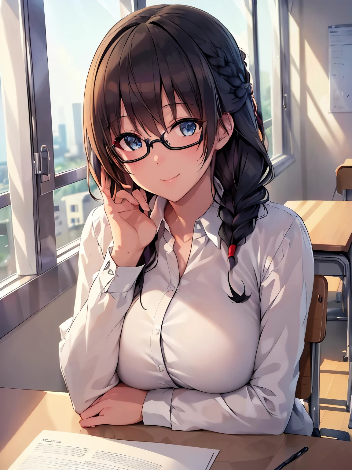 (8k, highest quality, masterpiece:1.2),High quality CG Unity 8k Large file size,Very detailed,High resolution,Beautiful Eyes,Ray Tracing,Dramatic Shadows,finely,Hyper Detail,(1 girl), anime, Perfect body, 

Black Hair, Braid, Glasses, 

white shirt, 

smile, 

large breast, 

in classroom, desk, window, 