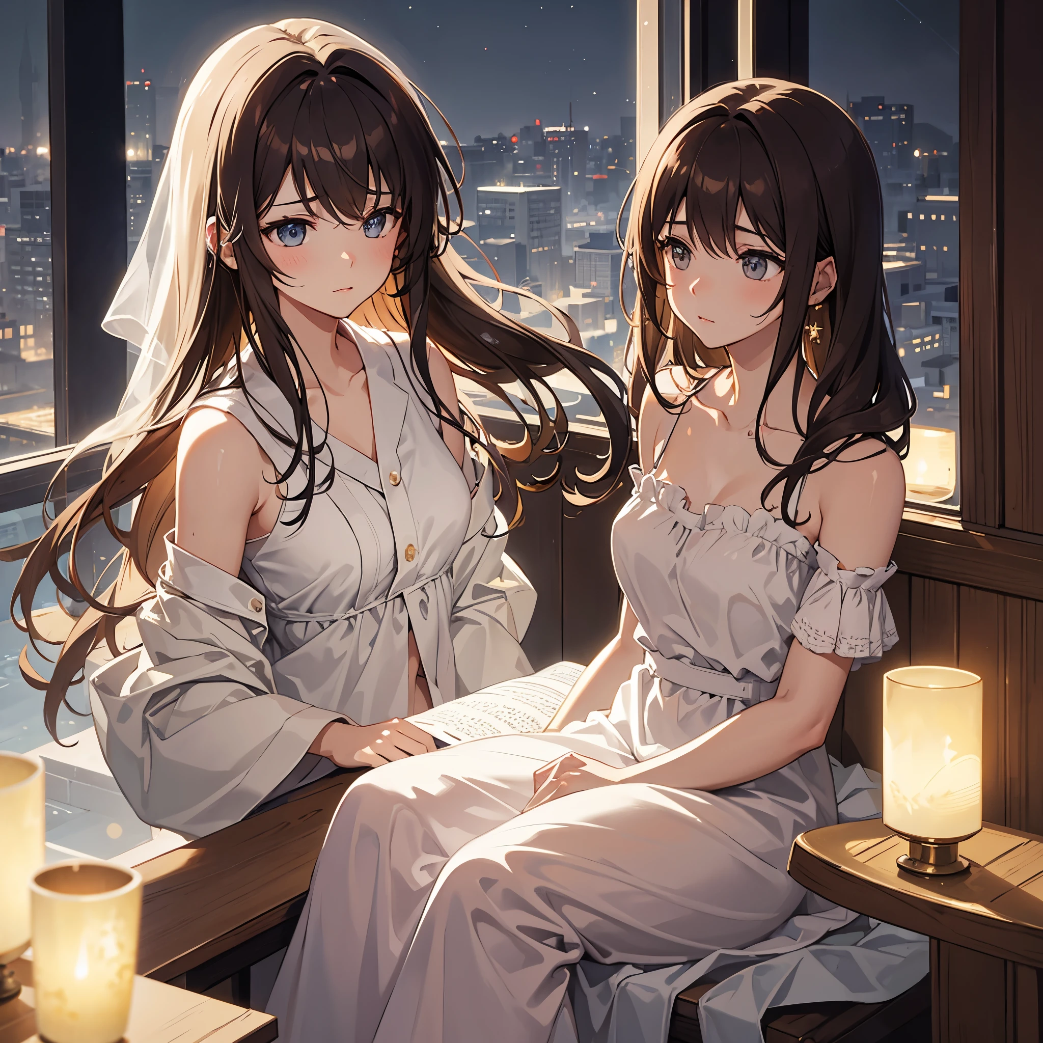 (best quality, highres), Anime brown hair girl, sitting on a hospital bed, wearing hospital pajamas, staring out of the window at night, [moonlight], [peaceful silence], [calming atmosphere], [soft glow], [gentle breeze], [twinkling stars], [serene], [thoughtful expression], [contentment], [tranquility], [emotional connection], [loneliness], [intimate setting], [dreamlike], [whimsical], [delicate], [elegant], [subtle emotions], [nostalgic], [fantasy elements], [storybook vibes], [gentle shadows], [soft color palette], [blurred edges], [sparkling details], [expressive eyes], [delicate hands], [flowing hair], [graceful posture], [subtle movement], [slightly tilted head], [detailed textures], [depth and dimension], [captivating perspective], [surreal ambiance], [cinematic composition], [emotive storytelling], [evocative mood], [imaginative narrative]