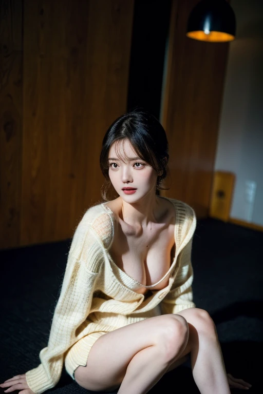 1girl,(wool sweater:1.4),sexy pose,best quality,masterpiece,（lifelike， high - resolution：1.3）, 1 girl with a perfect body, ((beautiful breast:1.2)), (((sitting on the floor:1.4))), (((indoor, midnight, dark room, empty operation room:1.2)))