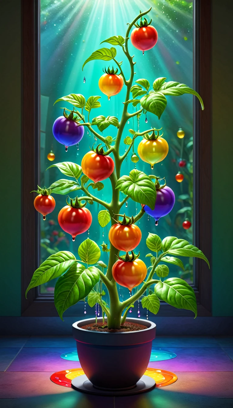 Stained glass style,(a magical plant,Colorful rainbow tomatoes),Leaves covered with nectar, Plants covered in liquid, Cute 3d rendering, Rendering in Cinema 4D Octane, Blender Art, cinema 4d color rendering, 非常detailed幸福照片, rendered in cinema4d, Color octane rendering, Energetic, fair, translucent, complex, detailed