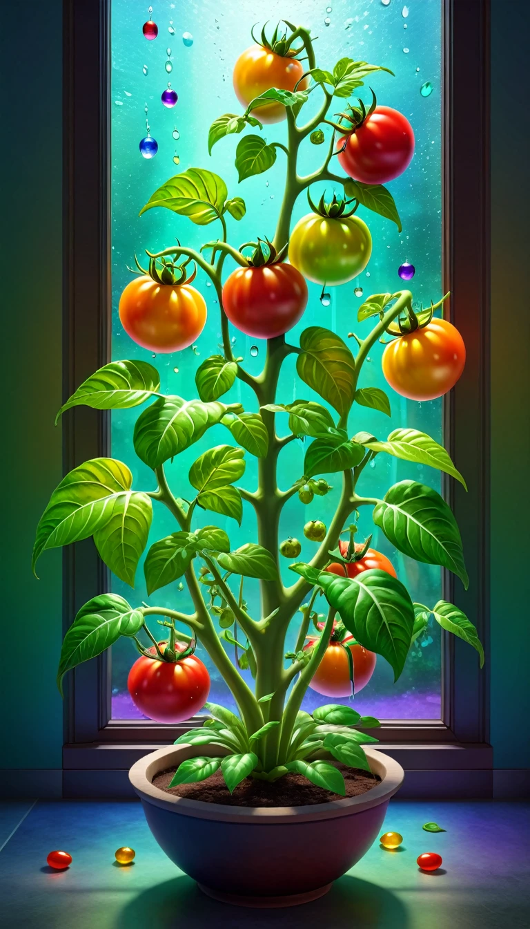 Stained glass style，(a magical plant，Colorful rainbow tomatoes)，Leaves covered with nectar, Plants covered in liquid, Cute 3d rendering, Rendering in Cinema 4D Octane, Blender Art, cinema 4d color rendering, 非常detailed幸福照片, rendered in cinema4d, Color octane rendering, Energetic, fair, translucent, complex, detailed