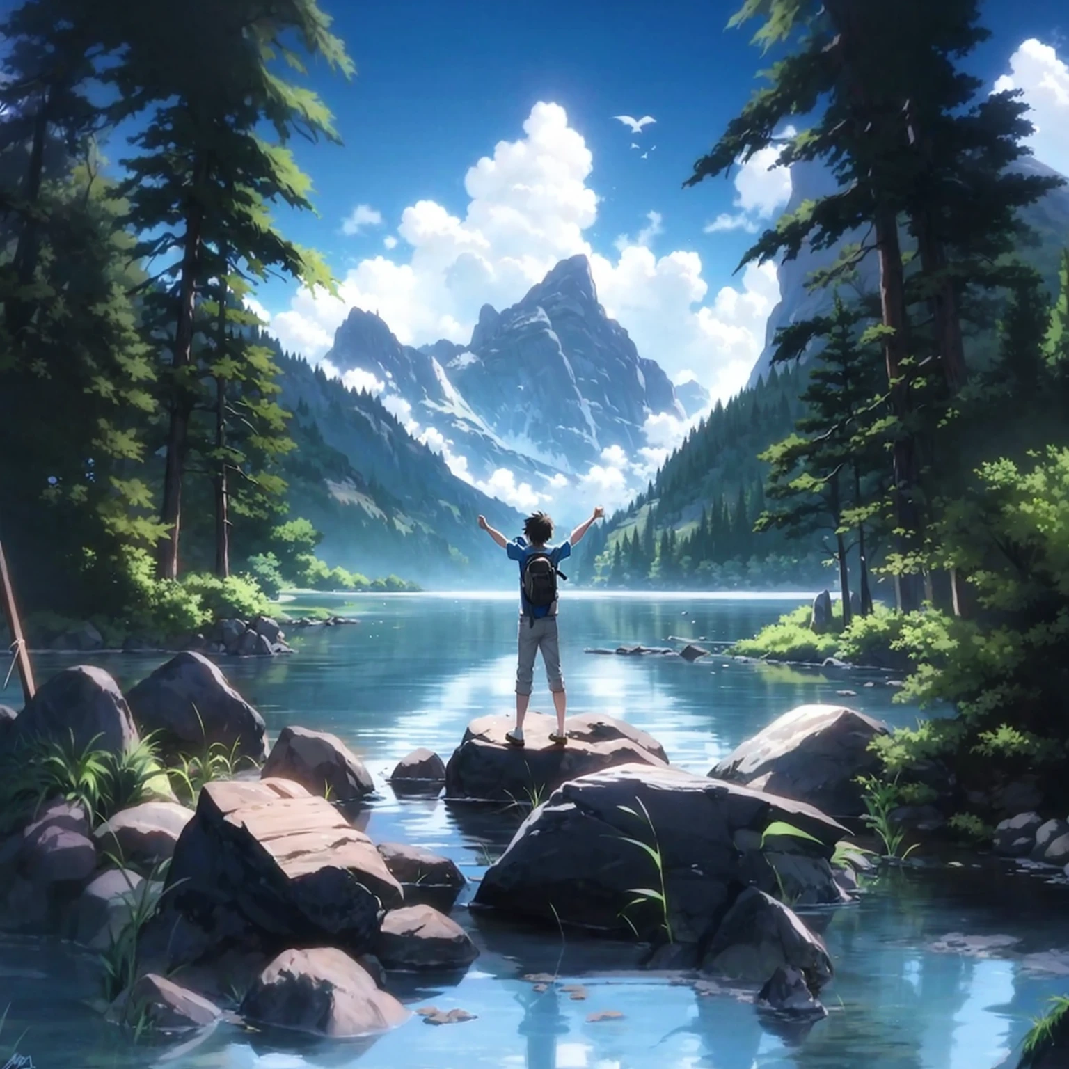 A man is standing on a rock in the middle of the lake。, Shinkai Makoto Cyril Rolando, Anime Nature, Anime beautiful peaceful scene, 美丽的Anime Landscape, Anime Nature Wallpaper, ( ( Shinkai Makoto ) ), Beautiful anime scene, Anime Landscape, Shinkai Makoto!, inspired by Shinkai Makoto, Shinkai Makoto's style