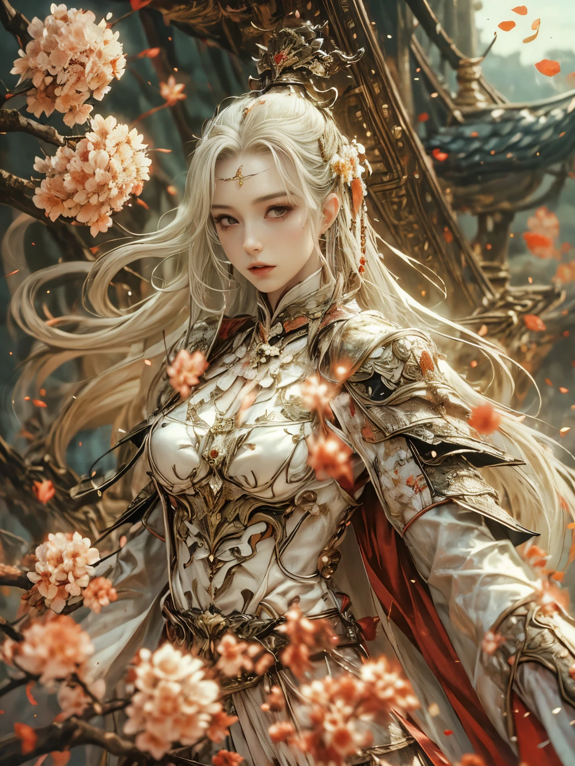 (8K, highest quality, masterpiece),(Realistic, RAW Photos, Super Fine Clear), Realistic Light, Detailed skin, (1 beautiful girl with slim body, 25 years old, emperor:1.5), Thin legs, fine grain, white long hair, Detailed fingers, thin, Sexual, Ecstasy facial expression, Super big , huge boucing firm bust, The chest part of the armor is wide open, Chest exposed, (deep scarlet armor), (peach, peach園, Flower storm), lakeside palace