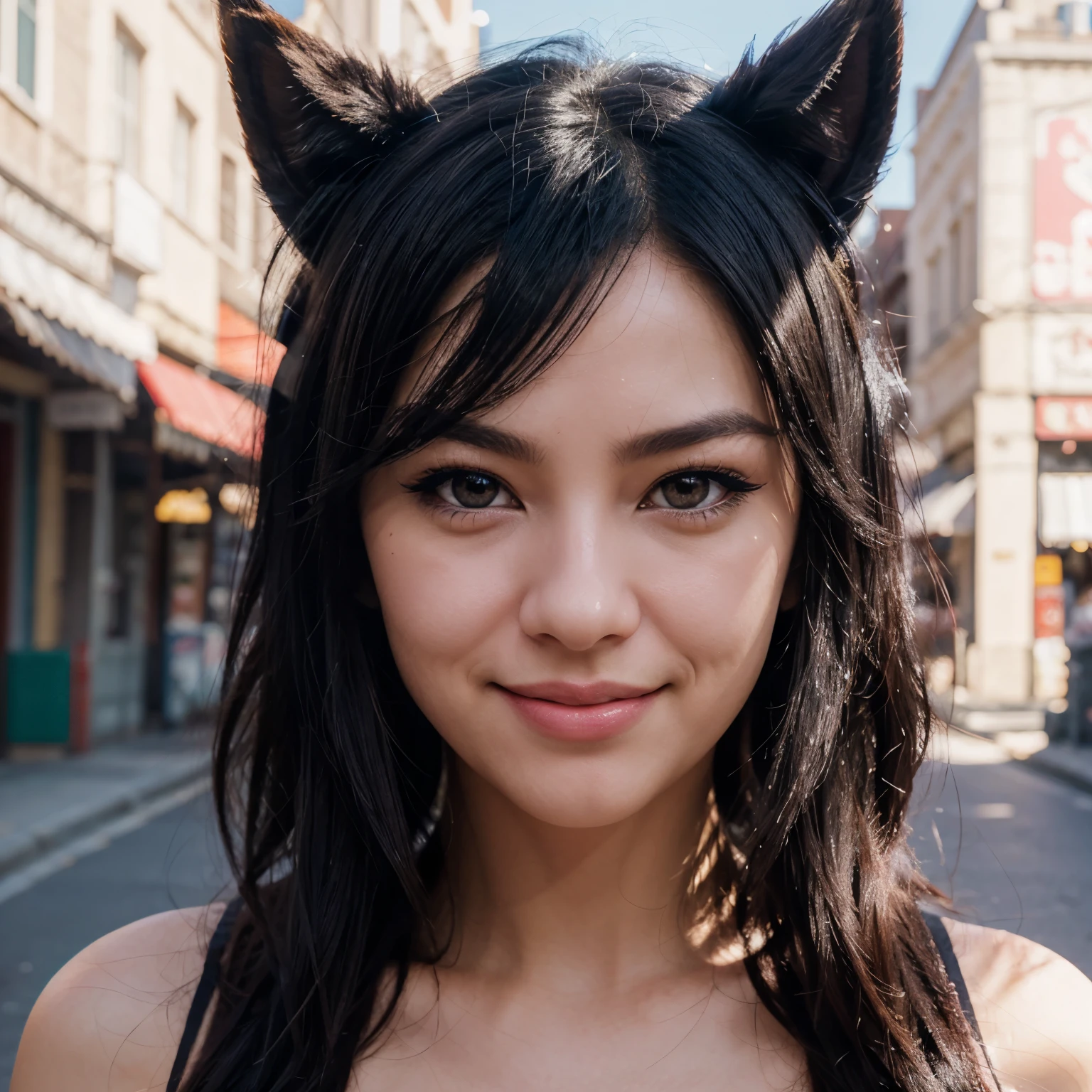 black hair, hair bobbles, wince, longeyelashes, solid circle eyes, fake animal ears, light smile, ear blush, fang, Surrealism, drop shadow, anaglyph, stereogram, tachi-e, pov, atmospheric perspective, 8k, super detail, ccurate, best quality