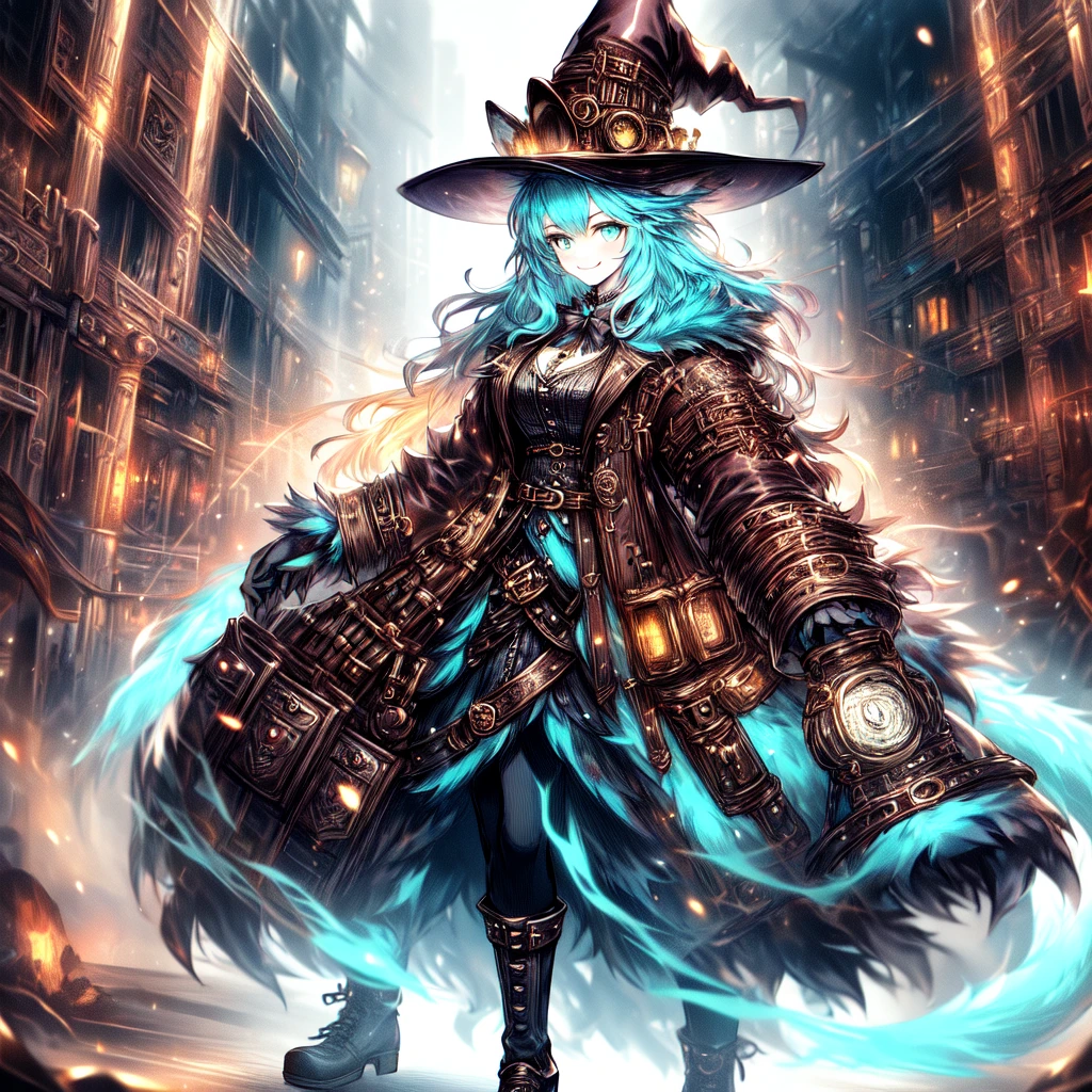 [best quality, shaded, extreme detail, highly detailed, ultradetailed, intricate, realistic], woman, hairy woman, wolf woman, full body portrait, full fur, magic fur, full tail, big tail, magic tail, long hair ( colorful hair), hat on the head (steampunk style witch hat), almond-shaped eyes (bright turquoise color), expressive smile, charming face, witch outfit (dark color with magic runes, the outfit is steampunk style), black tights, shoes (high steampunk boots), the scene is in a narrow alley with a sinister and dark atmosphere.