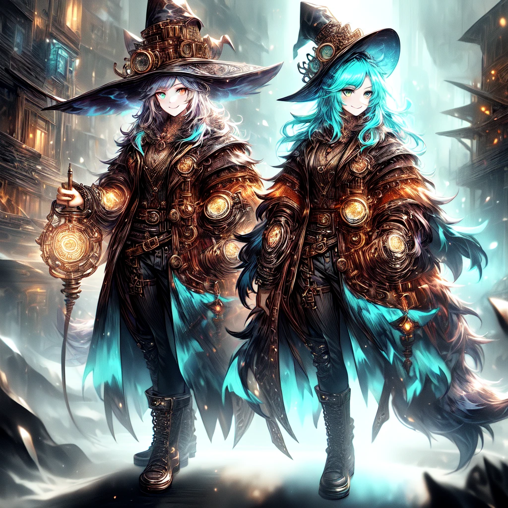 [best quality, shaded, extreme detail, highly detailed, ultradetailed, intricate, realistic], woman, hairy woman, wolf woman, full body portrait, full fur, magic fur, full tail, big tail, magic tail, long hair ( colorful hair), hat on the head (steampunk style witch hat), almond-shaped eyes (bright turquoise color), expressive smile, charming face, witch outfit (dark color with magic runes, the outfit is steampunk style), black tights, shoes (high steampunk boots), the scene is in a narrow alley with a sinister and dark atmosphere.