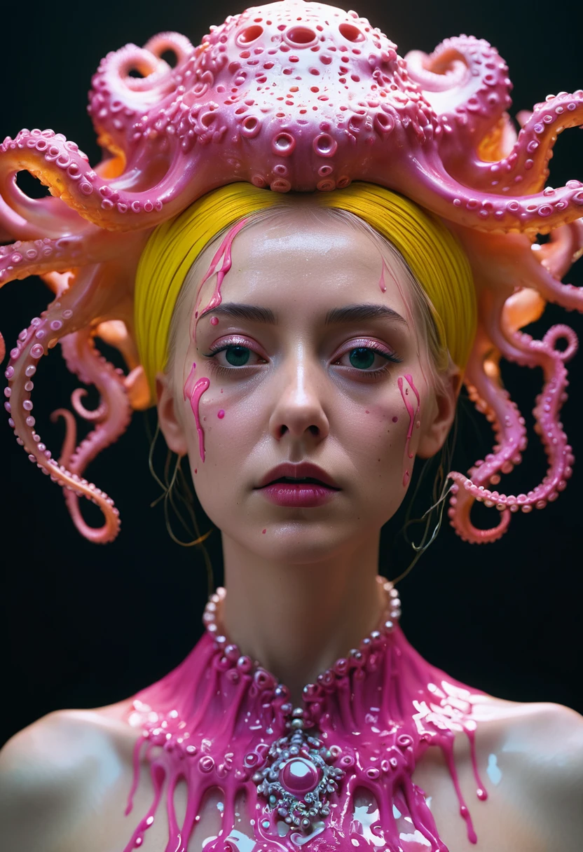 8K, ARTISTIC photogrAphy, best quAlity, mAsterpiece: 1.2), A (potrAit:1.2) witch BLOOD Toon Doll Cthulhu nun QUEEN, PINK many octopus style tentacles, full body RAW candid cinema, yellow hair, 16mm, color graded portra 400 film, remarkable color, ultra realistic, sad admosphere, dark lighting, oppressive atmosphere, depressive colors, kodak portra 400, photograph,r, Natural Light, Pinhead lighgts, blur reflection, Brush Strokes, Smooth, abstract, Splatter, Oil On Canvas, rainbow colors, fractal isometrics details bioluminescens : a stunning realistic photograph of wet bone structure, 3d render, octane render, intricately detailed, titanium decorative headdress, cinematic, trending on artstation | Isometric | Centered