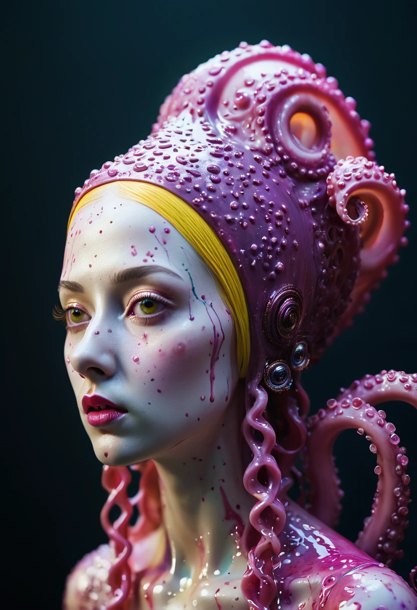 8K, ARTISTIC photogrAphy, best quAlity, mAsterpiece: 1.2), A (potrAit:1.2) witch BLOOD Toon Doll Cthulhu nun QUEEN, PINK many octopus style tentacles, full body RAW candid cinema, yellow hair, 16mm, color graded portra 400 film, remarkable color, ultra realistic, sad admosphere, dark lighting, oppressive atmosphere, depressive colors, kodak portra 400, photograph,r, Natural Light, Pinhead lighgts, blur reflection, Brush Strokes, Smooth, abstract, Splatter, Oil On Canvas, rainbow colors, fractal isometrics details bioluminescens : a stunning realistic photograph of wet bone structure, 3d render, octane render, intricately detailed, titanium decorative headdress, cinematic, trending on artstation | Isometric | Centered