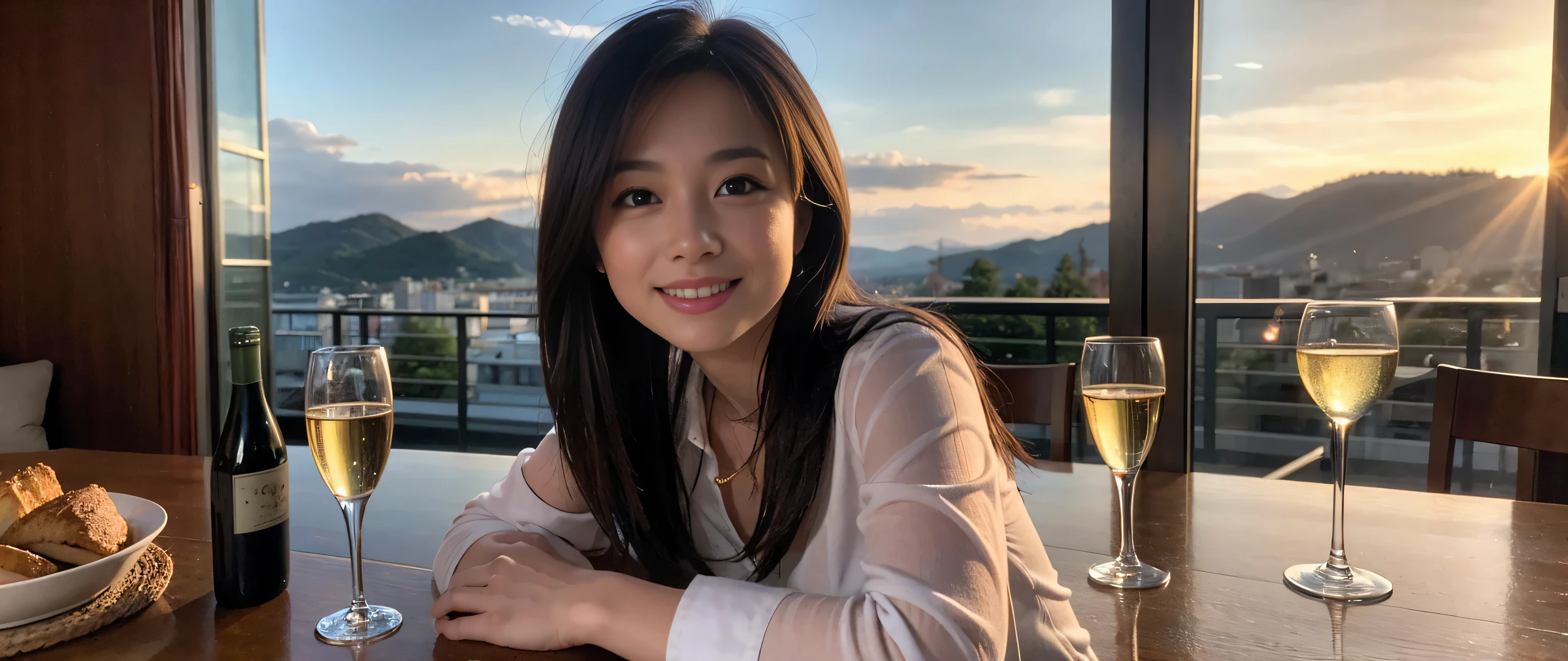 ((highest quality、8k、masterpiece:1.3))、Sharp focus:1.2、Beautiful woman perfect body:1.4、Slim body、((Bob Hale、Straight hair:1.2))、(to be born, highest quality, masterpiece:1.5), (Realistic, Intricate details:1.2), Ultra-high resolution, Put the light on your face、Spectacular view of the sunset sky and clouds、Amazing mountain views、A bright smile、wine glass、red wine 、Appetizer、Italian food、Wine bottle、Champagne、sparkling wine、, Beautiful Face, blue eyes, The light shines on your face, Blushing, short hair,Bright Face、Fox face、 (36 years old), 39 years old, Lady、Two beauties、Brown Hair、Shortcuts、Long sleeve shirt、dress、Pretty Woman 1, (slim face), (The body is slim), (Brown Hair), (Shortcuts), cheeks turn a little red,Attractive beauty、, Out of the window, A beautiful and detailed night view unfolds.........., restaurant, In a prominent place (From the waist up) Nova Frog Style, actress, model, Upper Body, White wine, slim, wine glass, A wine glass placed in the middle, smile, (smile: 1.15), Beautiful fine grain, Depth f/2,saturation, High Contrast, Strong light and shadow,Moist Body:1.5、3D texture、Delicate eyes、Brown Hair、The hair is very shiny、