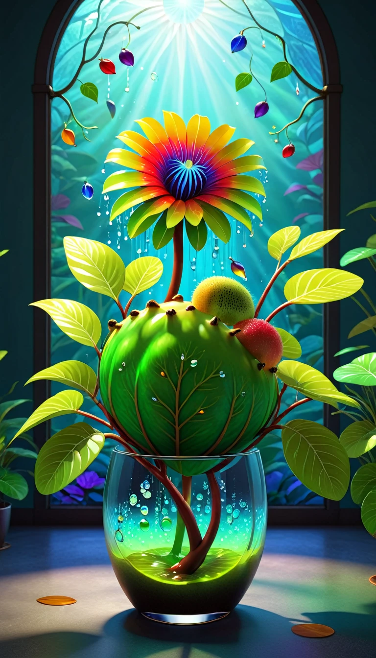 Stained glass style,(a magical plant,Colorful rainbow kiwi),Leaves covered with nectar, Plants covered in liquid, Cute 3d rendering, Rendering in Cinema 4D Octane, Blender Art, cinema 4d color rendering, 非常detailed幸福照片, rendered in cinema4d, Color octane rendering, Energetic, fair, translucent, complex, detailed