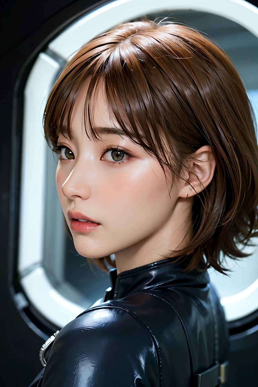 Ultra-high resolution、(Real:1.4)、Beautiful woman1、cyborg、Beautifully detailed eyes and skin、Light brown short hair、profile、Bad mood、melancholy、Full space suit、Space Station、Spaceship、Remains、Cloudy、Sci-Fi Taste、Movie quality、