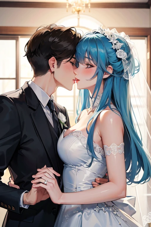 A girl with light blue long hair gets married to a man 
They kiss