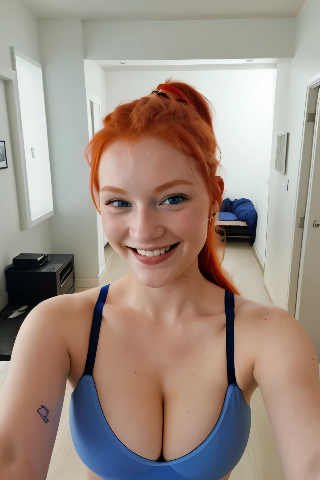 Sexy woman, redhead model, blue eyes (24 years old) with hair combed in a ponytail. (SELFIE) (photo herself) tight medium round breasts (smiling)
