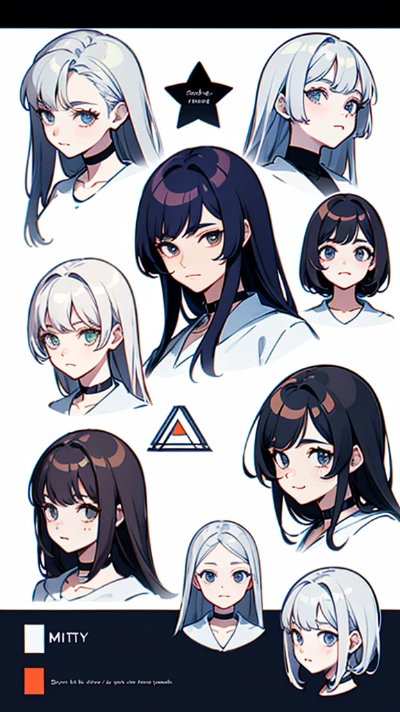 ((Masterpiece, Highest quality)), Detailed face, character sheets, full bodyesbian, Full of details, Multiple poses and expressions, Highly detailed, Depth, Many parts, 1boys,for 6 years old :3, White color hair,Black pick dye, White crop top with loose sheer top, mitts, Stockings, Black choker, Gray eyes, Star (symbol), pupils in symbol shapes