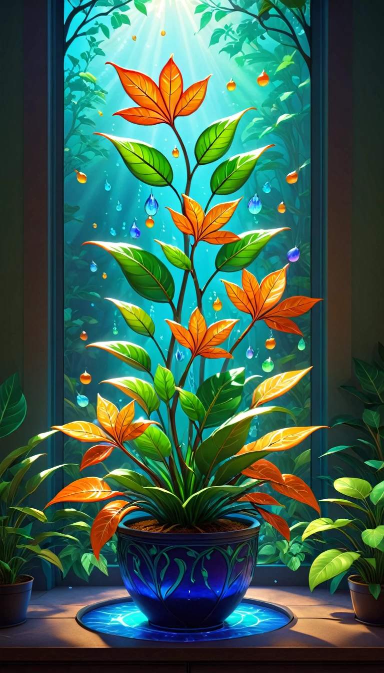 Stained glass style，(a magical plant，Colorful rainbow orange)，Leaves covered with nectar, Plants covered in liquid, Cute 3d rendering, Rendering in Cinema 4D Octane, Blender Art, cinema 4d color rendering, 非常detailed幸福照片, rendered in cinema4d, Color octane rendering, Energetic, fair, translucent, complex, detailed