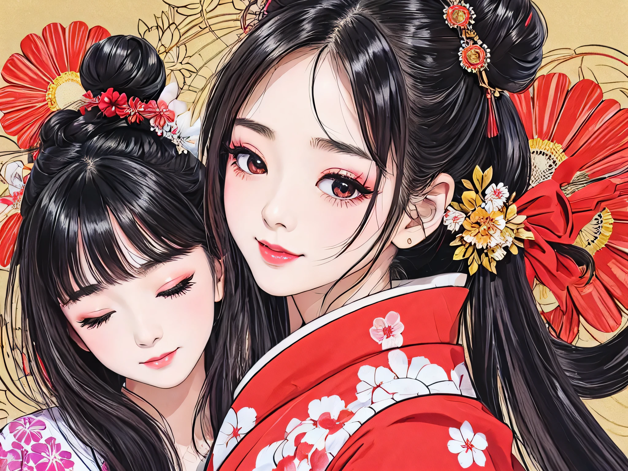 Each has a different expression２People and sisters、(２ girls）、｟Dancing traditional arts with grace)、((Big Breasts、Small Face、Not exposed))、highest quality、masterpiece、（Black Hair、Bun Hair）、Brown Eyes、｟Wide angle、Angle from above the waist、Pause on the magazine cover、Each person has a different perspective when looking into the distance｠、(８K high quality、masterpiece、High resolution、Realistic and beautiful light and shadow、(highest quality)、(High Resolution)、(Very delicate and beautiful)、(Beautiful 8k face)、(Smiling and closing your eyes、Beautiful eyes)、(Clear skin)、(Soft hair)、(８Head to Body)、(A Japanese style yukata kimono with red, pink and orange floral patterns on a white background, interspersed with gold powder、Wearing a yukata２Beautiful Japanese girls)、((Tanabata decoration background))、((Small Face))、(arms up)、Thin and small nose、（Red lipstick）、（Make your cheeks red）、（Glossy skin）、((Ink painting style))、Very thin eyebrows、Overall ultra-high image quality、（She is wearing maiko-style makeup.）、Whitening、Long and beautiful eyelashes、Glowing Skin、（Red cheeks）,Straight nose、masterpiece、highest quality、whole body、 Eyebrows visible through hair、Bun Hair、Grin、Gal、Gal、Viewer&#39;s Eyes、Plaid、Stylish、woman、fine、Pause、
Waiting to start 
