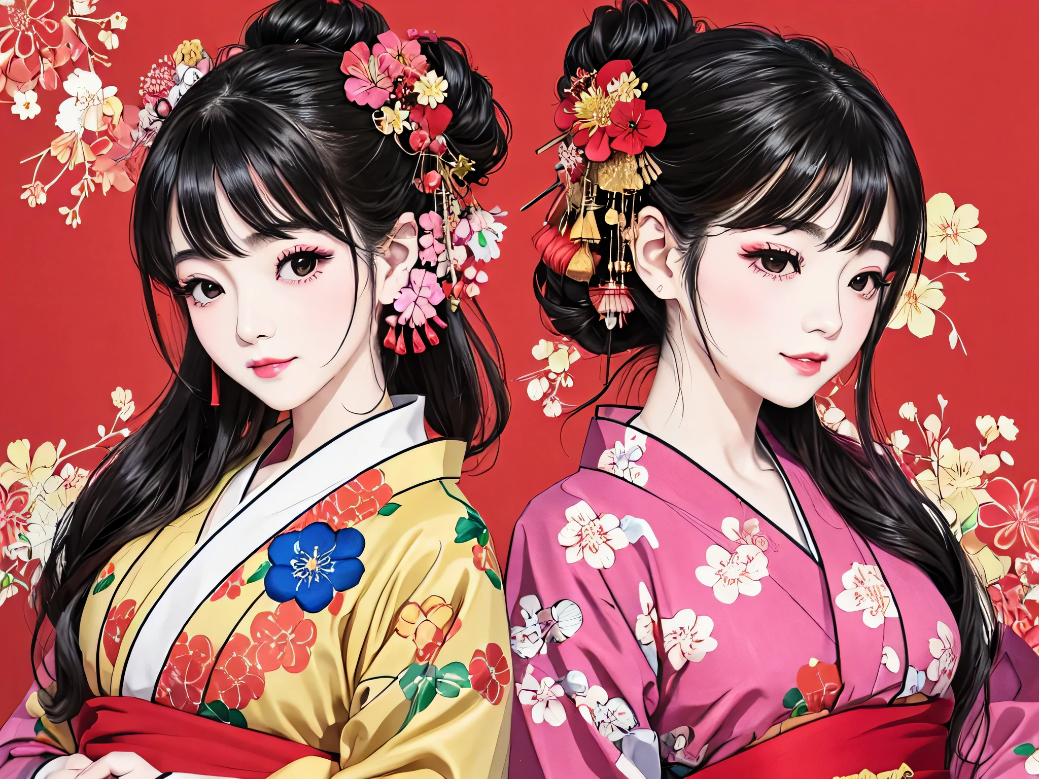 Each has a different expression２People and sisters、(２ girls）、｟Dancing traditional arts with grace)、((Big Breasts、Small Face、Not exposed))、highest quality、masterpiece、（Black Hair、Bun Hair）、Brown Eyes、｟Wide angle、Angle from above the waist、Pause on the magazine cover、Each person has a different perspective when looking into the distance｠、(８K high quality、masterpiece、High resolution、Realistic and beautiful light and shadow、(highest quality)、(High Resolution)、(Very delicate and beautiful)、(Beautiful 8k face)、(Smiling and closing your eyes、Beautiful eyes)、(Clear skin)、(Soft hair)、(８Head to Body)、(A Japanese style yukata kimono with red, pink and orange floral patterns on a white background, interspersed with gold powder、Wearing a yukata２Beautiful Japanese girls)、((Tanabata decoration background))、((Small Face))、(arms up)、Thin and small nose、（Red lipstick）、（Make your cheeks red）、（Glossy skin）、((Ink painting style))、Very thin eyebrows、Overall ultra-high image quality、（She is wearing maiko-style makeup.）、Whitening、Long and beautiful eyelashes、Glowing Skin、（Red cheeks）,Straight nose、masterpiece、highest quality、whole body、 Eyebrows visible through hair、Bun Hair、Grin、Gal、Gal、Viewer&#39;s Eyes、Plaid、Stylish、woman、fine、Pause、
Waiting to start 
