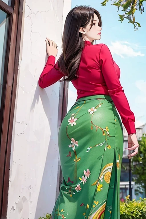 ((Best Quality, 8k, Masterpiece:1.3))), Crisp Focus: 1.2, (Beautiful 20years old cute girl.cute face.with Perfect Figure: 1.4) , Highly Detailed Face and Skin Texture., Detailed cute Eyes, Double Eyelids , Long Hair, acmm ls outfit, wearing acmm top, olive red acmm top, long sleeves, wearing acmm long skirt, olive red acmm long skirt, printed skirt, garden background with green tree.view from behind.ultra HD.