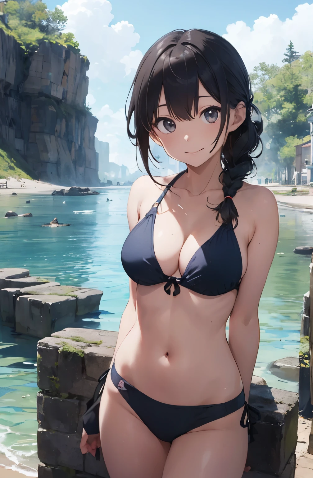 High resolution、
一人のbeautiful若い女性、
Japanese anime style,
(Masterpiece 1.5),super high quality, Very detailed,Perfect drawing,NFSW、beautiful woman、beautiful, Glowing Skin、A kind smile、beautiful black hair、Braiding、(((beautiful水着)))、(((Luxury Swimwear))),3D、16K Illustrations、((Clear Face))、High resolution、Nice background、beautiful background、Spotlight、Vibrant colors、(((Detail View)))、Perfect beauty,beautiful指,beautiful手,Points First,nail,Place your arms behind your back,Wakame seaweed、Wakame seaweed、Wakame seaweed、Wakame seaweed、Wakame seaweed、Wakame seaweed、Wakame seaweed、