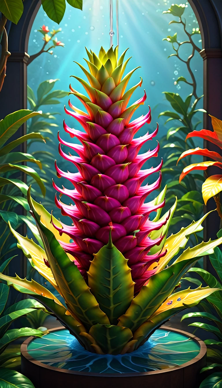 Stained glass style，(a magical plant，Colorful Rainbow Dragon Fruit)，Leaves covered with nectar, Plants covered in liquid, Cute 3d rendering, Rendering in Cinema 4D Octane, Blender Art, cinema 4d color rendering, 非常detailed幸福照片, rendered in cinema4d, Color octane rendering, Energetic, fair, translucent, complex, detailed