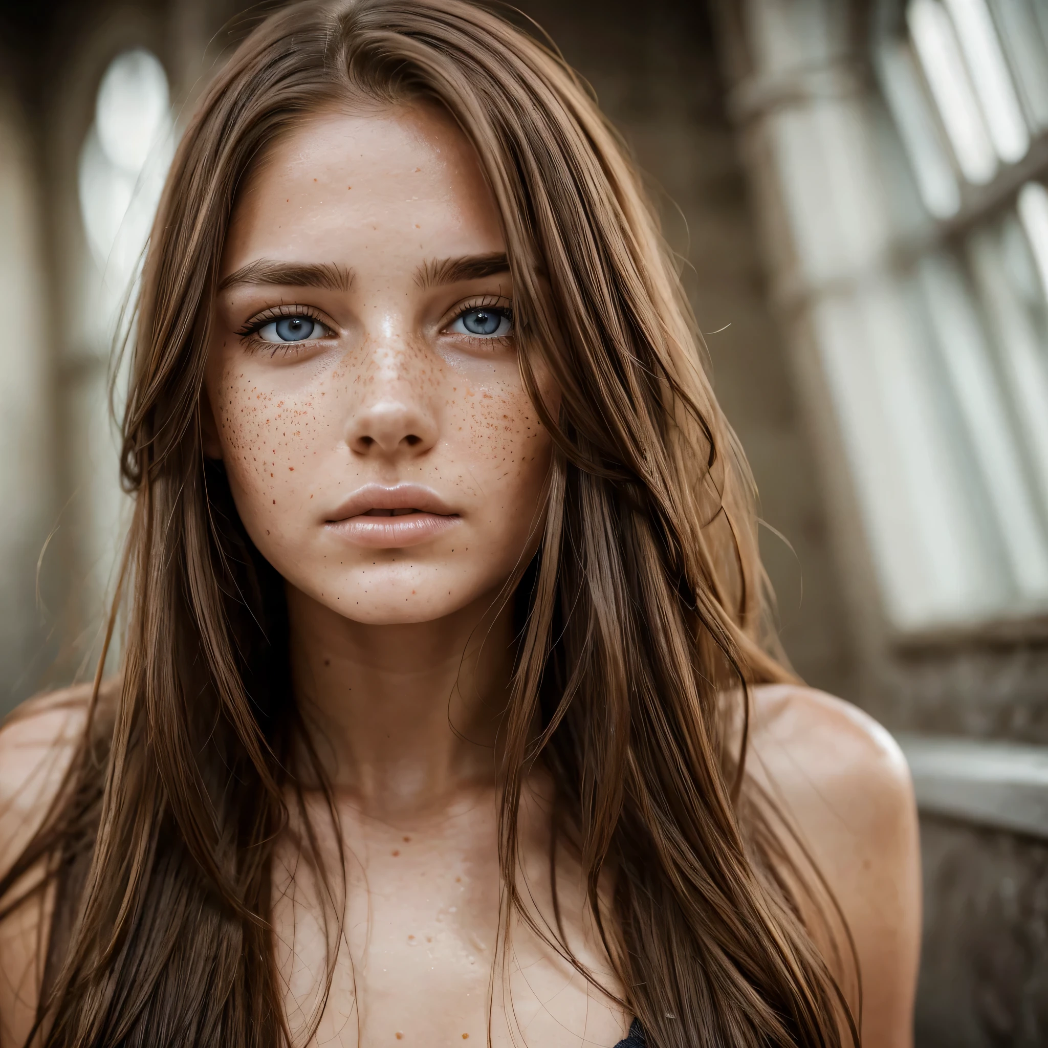 Captivating woman, 23 year of age with freckles and flowing brown hair. Symmetrical detailed eyes, detailed skin texture and pores, sad look, details of wet eyes. The fine details and the play of light and shadows create a sense of intimacy and intrigue