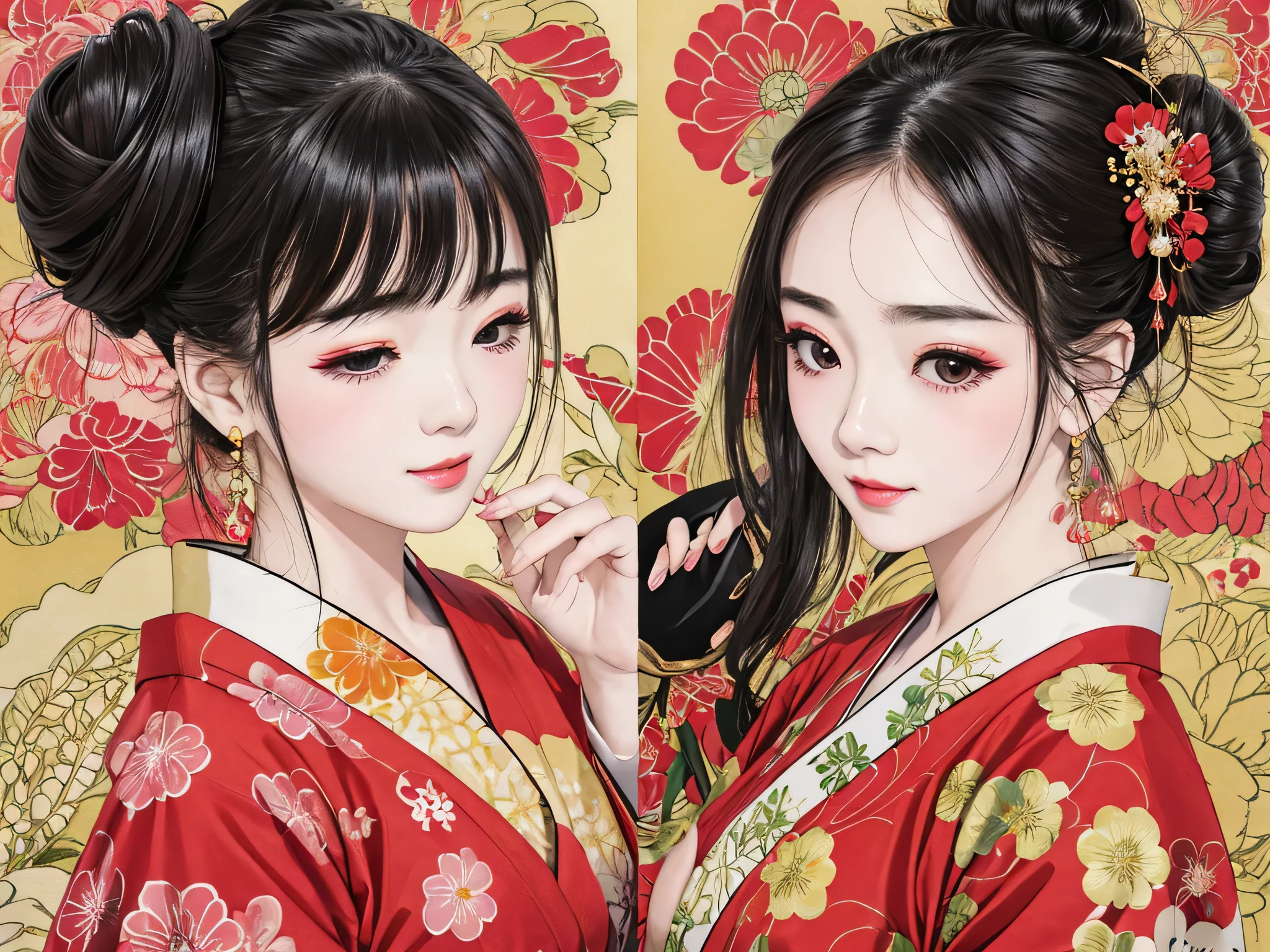 Each has a different expression2People and sisters、(2 girls)、⦅Dancing traditional arts with grace)、((Big Breasts、Small Face、Not exposed))、highest quality、masterpiece、(Black Hair、Bun Hair)、Brown Eyes、⦅Wide angle、Angle from above the waist、Pause on the magazine cover、Each person has a different perspective when looking into the distance⦆、(8K high quality、masterpiece、High resolution、Realistic and beautiful light and shadow、(highest quality)、(High Resolution)、(Very delicate and beautiful)、(Beautiful 8k face)、(Smiling and closing your eyes、Beautiful eyes)、(Clear skin)、(Soft hair)、(8Head to Body)、(A Japanese style yukata kimono with red, pink and orange floral patterns on a white background, interspersed with gold powder、Wearing a yukata2Beautiful Japanese girls)、((Tanabata decoration background))、((Small Face))、(arms up)、Thin and small nose、(Red lipstick)、(Make your cheeks red)、(Glossy skin)、((Ink painting style))、Very thin eyebrows、Overall ultra-high image quality、(She is wearing maiko-style makeup.)、Whitening、Long and beautiful eyelashes、Glowing Skin、(Red cheeks),Straight nose、masterpiece、highest quality、whole body、 Eyebrows visible through hair、Bun Hair、Grin、Gal、Gal、Viewer's Eyes、Plaid、Stylish、woman、fine、Pause、
Waiting to start