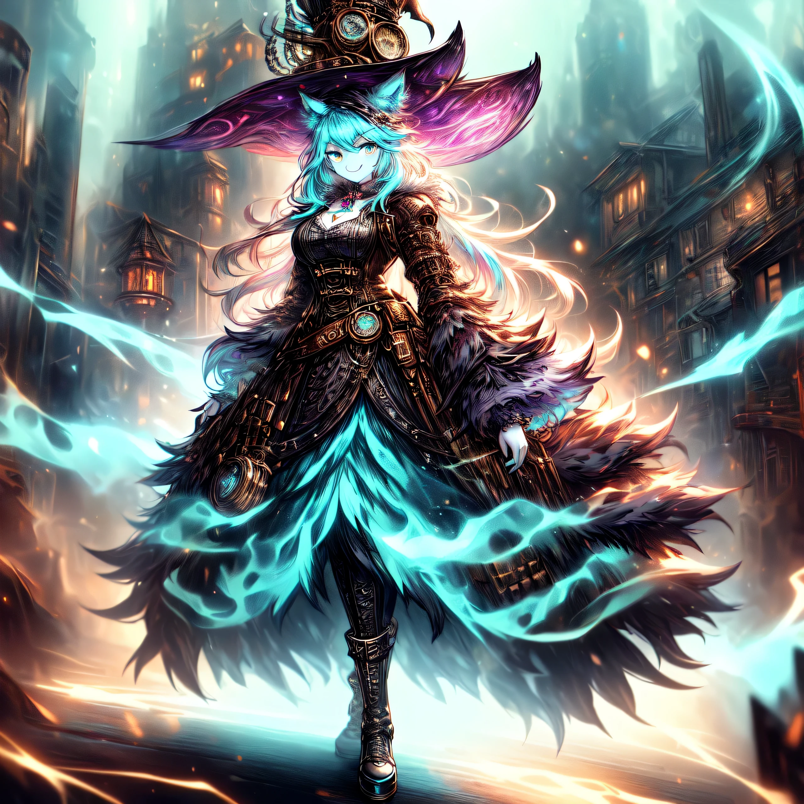 [best quality, shaded, extreme detail, highly detailed, ultradetailed, intricate, realistic], woman, hairy woman, wolf woman, full body portrait, full fur, magic fur, full tail, big tail, magic tail, long hair ( colorful hair), hat on the head (steampunk style witch hat), almond-shaped eyes (bright turquoise color), expressive smile, charming face, witch outfit (dark color with magic runes, the outfit is steampunk style), black tights, shoes (high steampunk boots), the scene is in a narrow alley with a sinister and dark atmosphere.