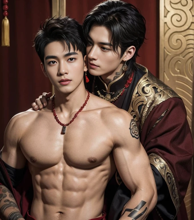 Two handsome boys kissing, smiling at each other,hugging, kissing, touching lips, cuddle, romantic,skin ship, Chinese Men God, Mythology, realistic, Chinese odyssy, super Handsome,manly, kpop idol, handsome korean actor, 20 years old,, detailed face, manly jawline, detailed mess curly styling hair, Topless, Muscles, big breast Athlete body, Full Frame,full body shoots, Sexy, realistic, human skin, tattoo breast, Professional studio Lighting, long red tibet wedding Outfit, jade and golden pendent all over , detailed jewery in dress, earings,Chinese ancient wedding Background,out door, super detailed background,look at camera , open mouth, sexy Underneathe Underwear, tibet Warrior, Hanfu red wedding dress, tibet Male, tibet Nobel, Seduce , bare chest , tattoo chest, tattoo arms, tattoo hands, tattoo back, tattoo legs , big juicy butts.