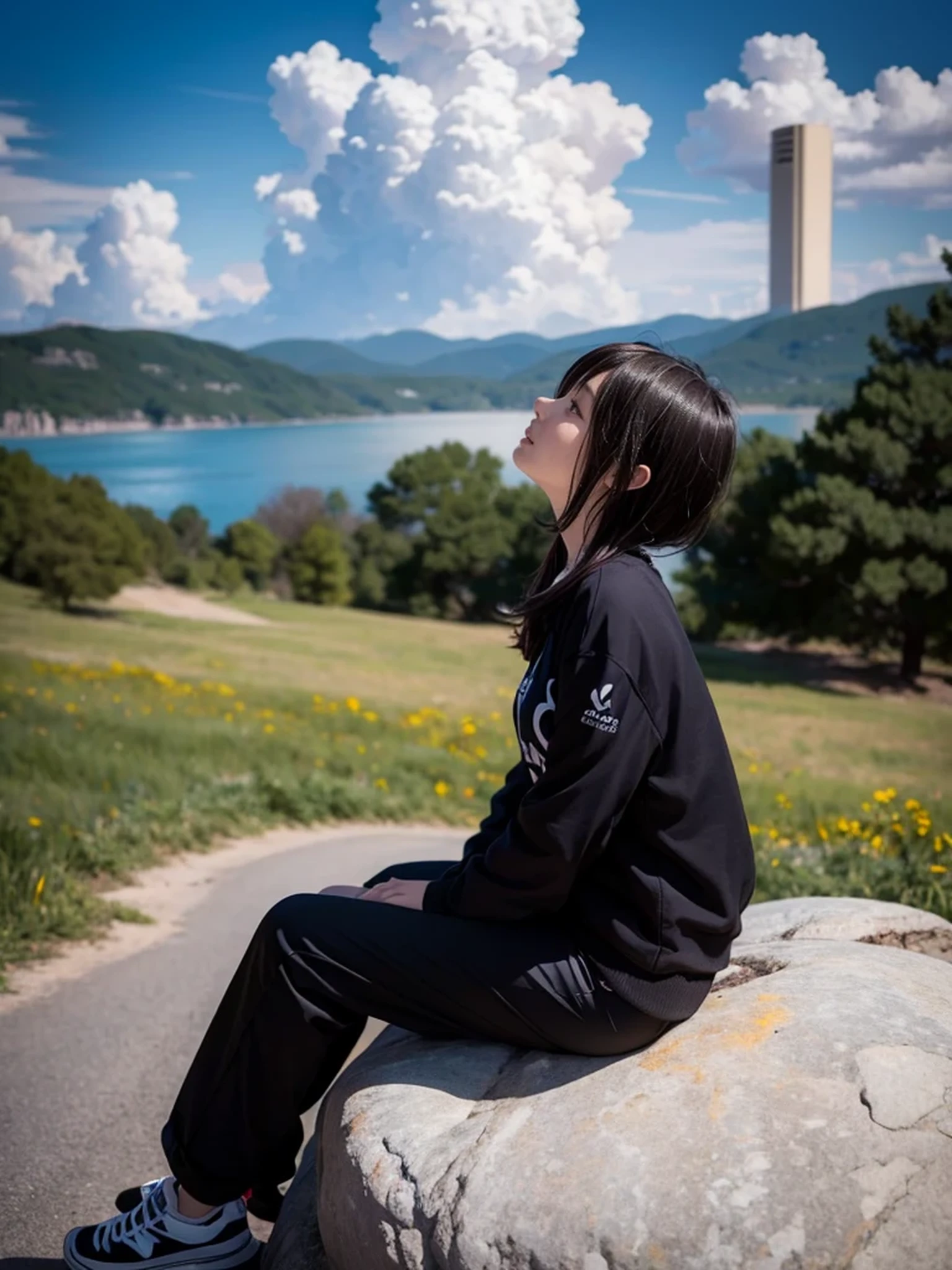 Anime girl sitting on a rock looking at the sky,A tower piercing the sky in the distance, makoto shinkai cyril rolando, anime art wallpaper 4k, anime art wallpaper 4k, Cyril Rolland and Goro Fujita, anime art wallpaper 8k, 4k anime wallpaper, anime wallpaper 4k, anime wallpaper 4k, ( ( makoto shinkai ) ), makoto shinkai!、Cute girl sitting on a big rock、Short-haired girl wearing a black jersey、Beautiful Nature、14 years old、Basking in the sun